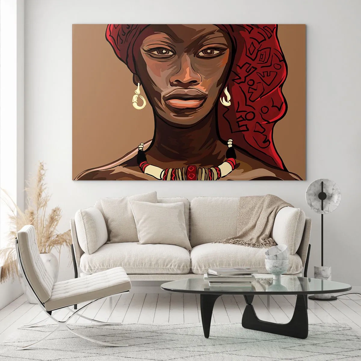 Quadro em vidro - Retrato estilizado de uma mulher com um turbante vermelho e joias. - 70x50cm - Vénus de Ébano - Decoração de parede moderna para a sala de estar e quarto ARTTOR