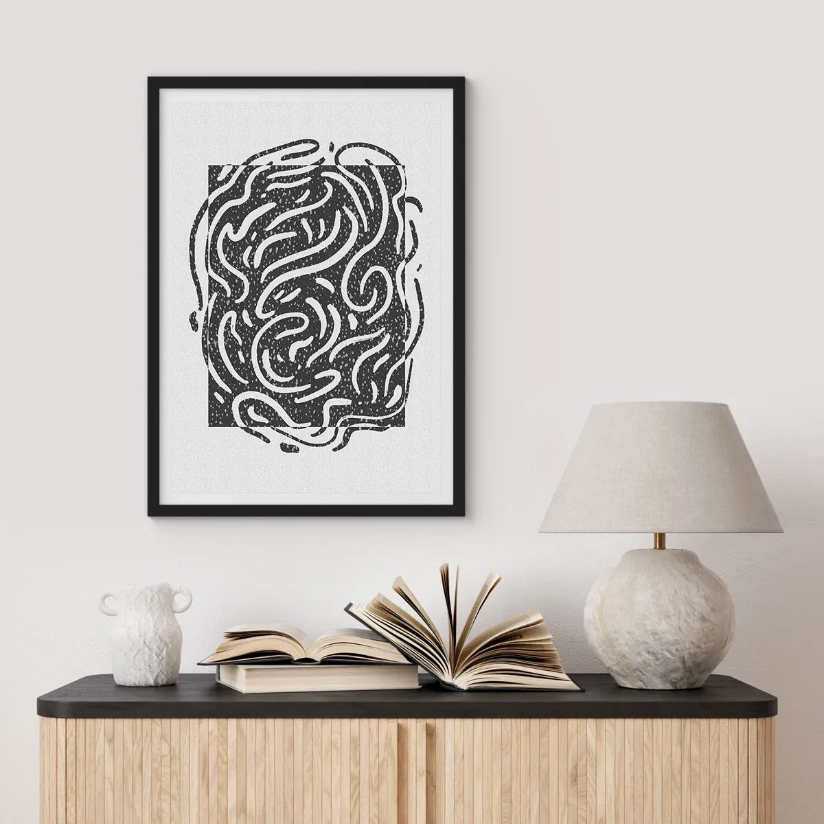 Pôster com moldura preta - Composição abstrata com linhas e formas dinâmicas em preto e branco. - 50x70cm - Resumo: dança da alegria - Decoração de parede moderna para a sala de estar e quarto ARTTOR