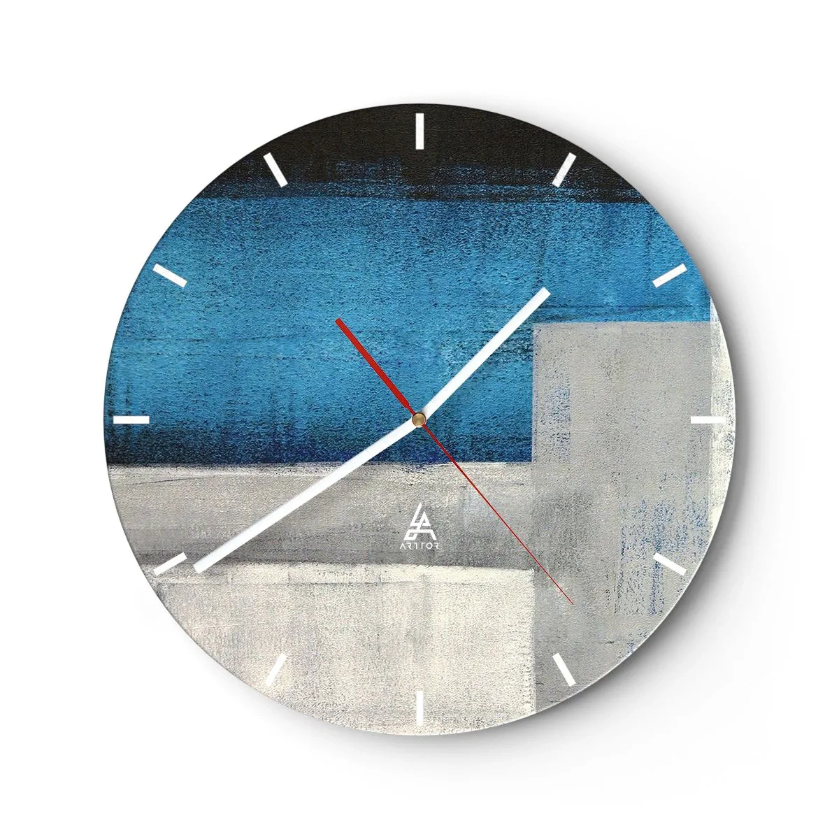 Relógio de parede - Relógio em vidro - Composição abstrata com tons de azul e cinza - 30x30cm - Uma composição poética de cinza e azul - Decoração de parede moderna para a sala de estar, cozinha e quarto ARTTOR