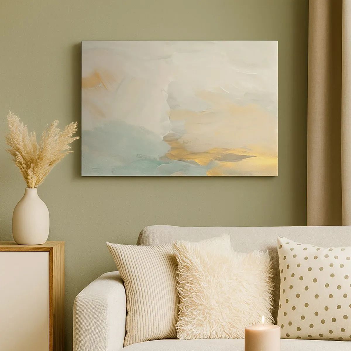 Quadro em tela - Delicados traços abstratos em tons de branco e dourado - 70x50cm - Abstração – a terra da gentileza - Decoração de parede moderna para a sala de estar e quarto ARTTOR
