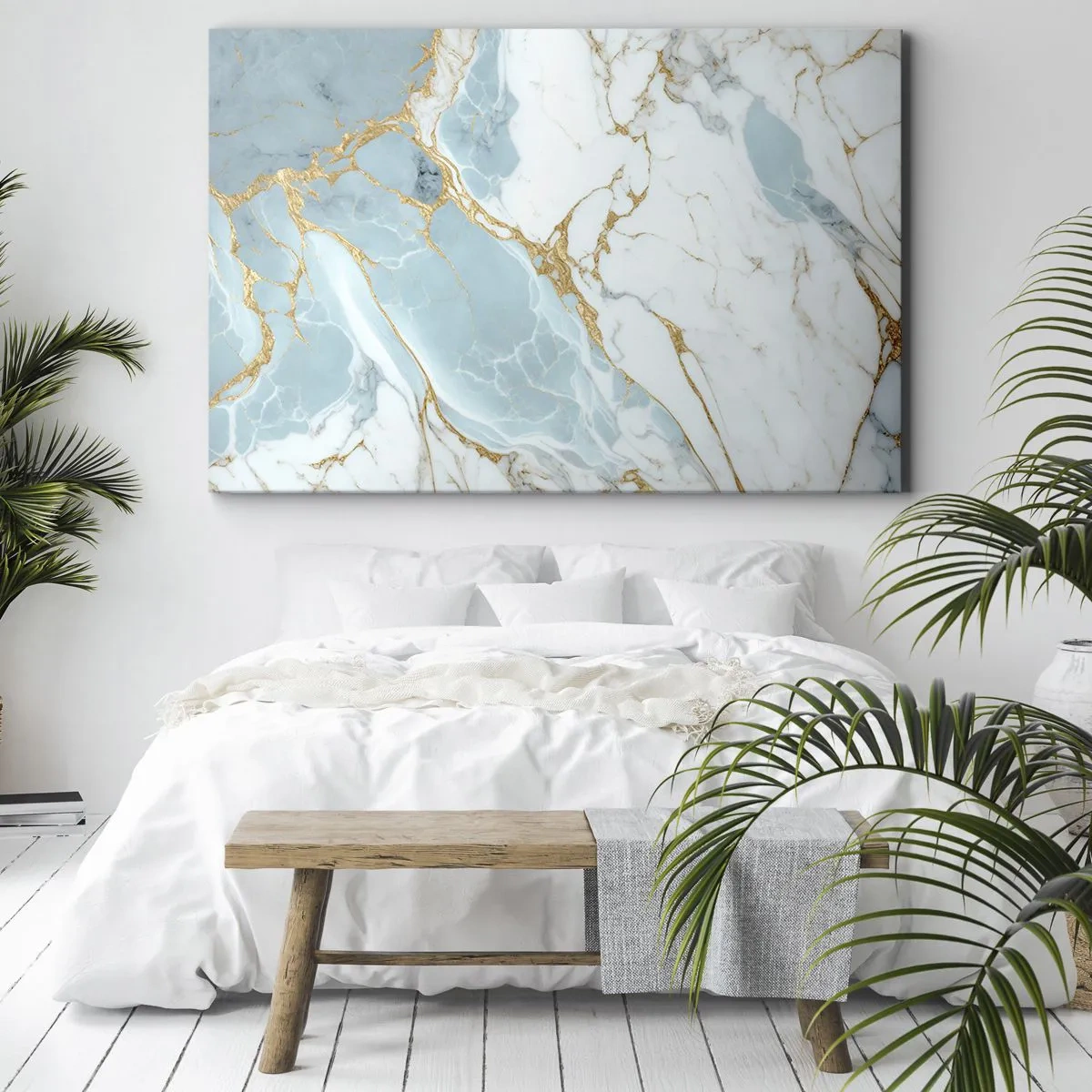 Quadro em tela - Padrões de mármore azul e branco com veios dourados adicionados - 70x50cm - Riqueza de pedra - Decoração de parede moderna para a sala de estar e quarto ARTTOR