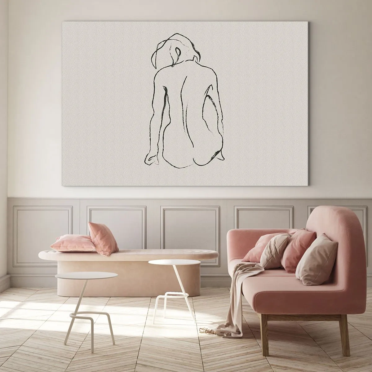 Quadro em vidro - Um esboço delicado de uma mulher sentada, desenhado em preto sobre um fundo claro. - 70x50cm - Nu de rapariga - Decoração de parede moderna para a sala de estar e quarto ARTTOR