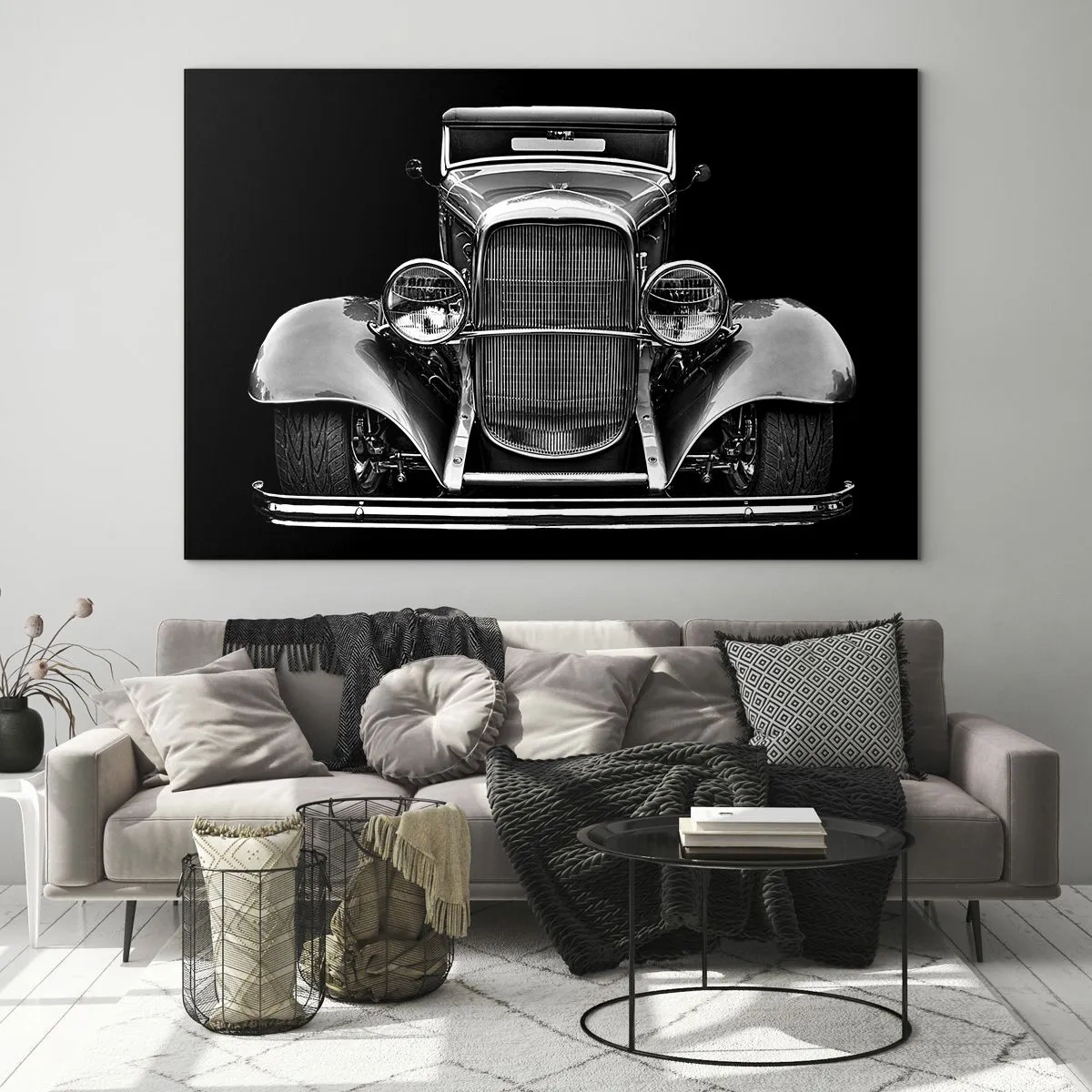 Quadro em vidro - Uma vista frontal de um carro retrô vintage - 70x50cm - Um verdadeiro general - Decoração de parede moderna para a sala de estar e quarto ARTTOR