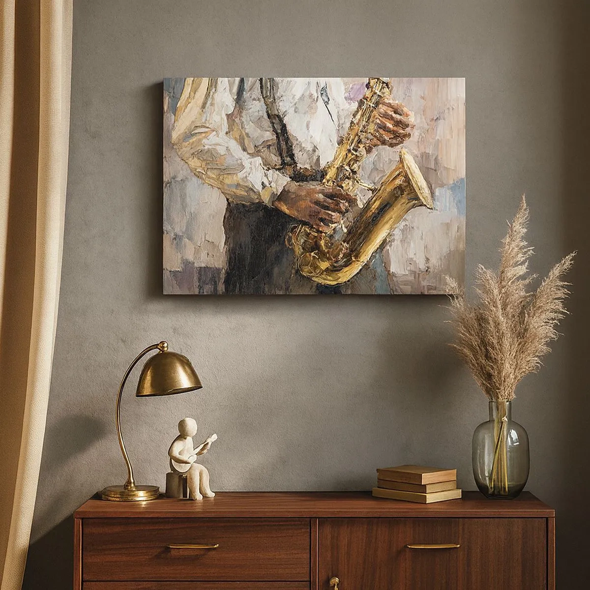 Quadro em tela - Um músico tocando saxofone em um estilo artístico - 70x50cm - Hora do solo - Decoração de parede moderna para a sala de estar e quarto ARTTOR