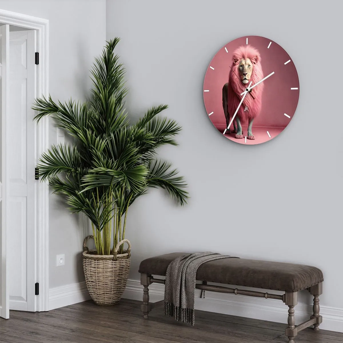 Relógio de parede - Relógio em vidro - Um leão com uma juba intensamente rosa sobre um fundo da mesma cor - 30x30cm - Não tens mais medo - Decoração de parede moderna para a sala de estar, cozinha e quarto ARTTOR