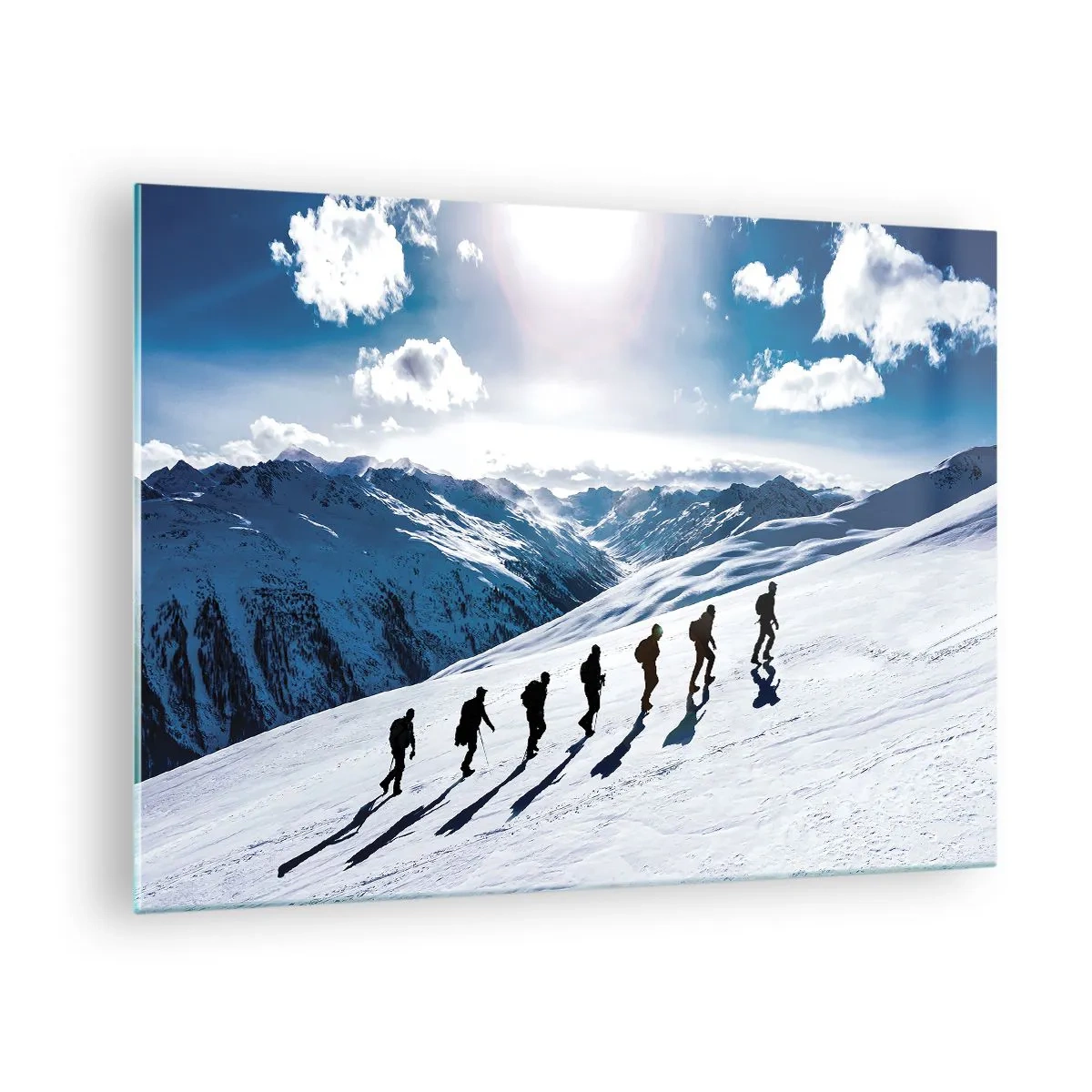 Quadro em vidro - Escalada em grupo em uma encosta coberta de neve nas montanhas - 70x50cm - A equipa vencedora - Decoração de parede moderna para a sala de estar e quarto ARTTOR