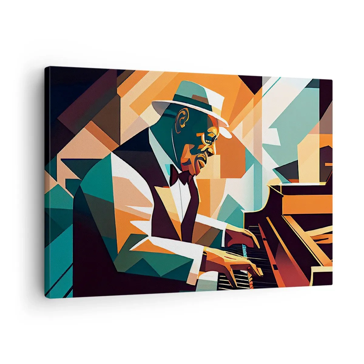 Quadro em tela - Músico abstrato tocando piano em cores quentes. - 70x50cm - Todo aquele jazz - Decoração de parede moderna para a sala de estar e quarto ARTTOR