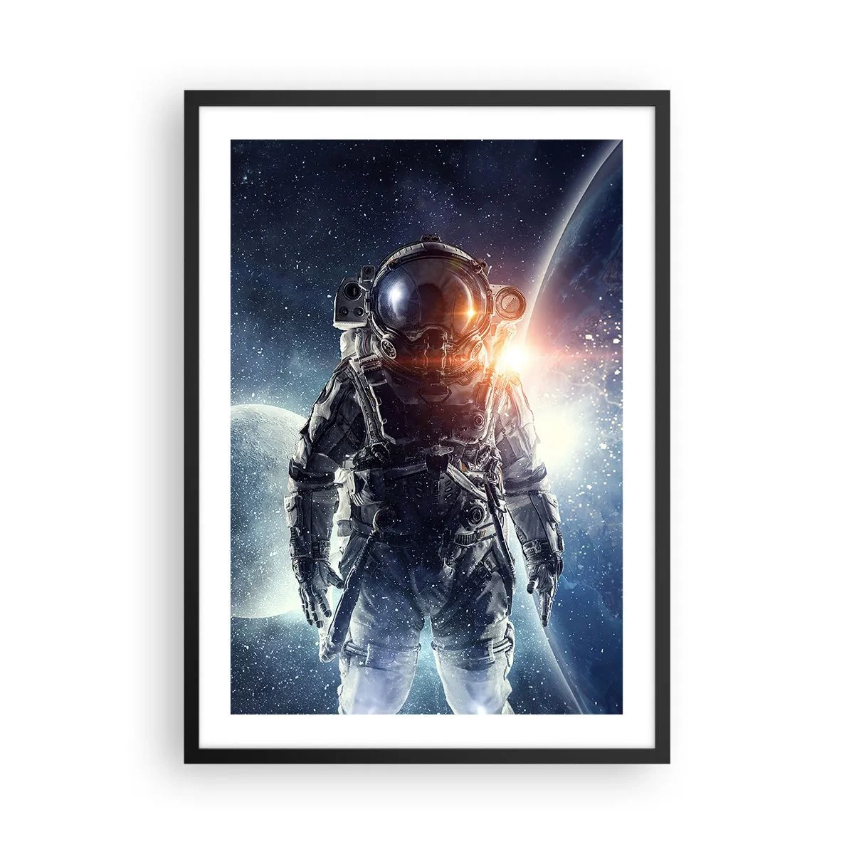 Pôster com moldura preta - Astronauta no espaço com planetas e estrelas ao fundo - 50x70cm - Aventura espacial - Decoração de parede moderna para a sala de estar e quarto ARTTOR