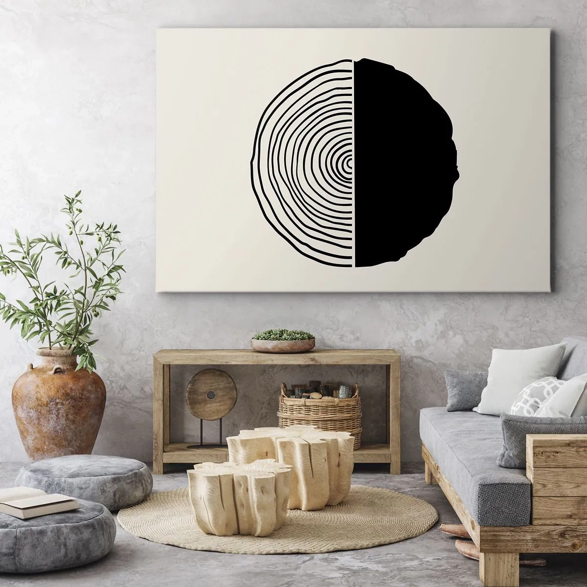 Quadro em tela - Um motivo abstrato em preto e branco inspirado em uma seção transversal de madeira com uma divisão geométrica. - 70x50cm - Meio a meio - Decoração de parede moderna para a sala de estar e quarto ARTTOR
