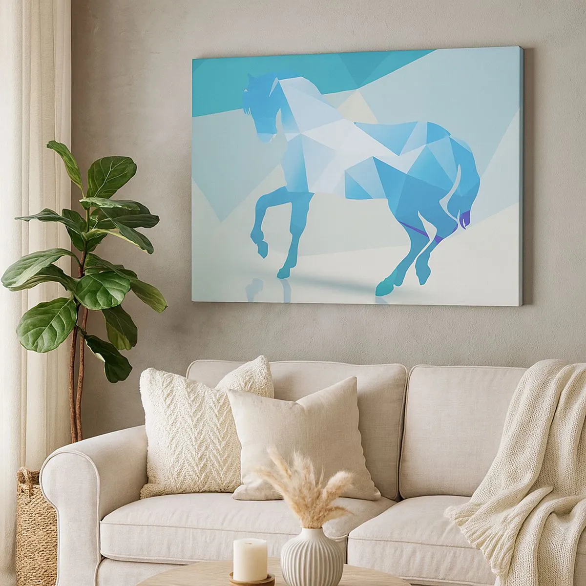 Quadro em tela - Silhueta geométrica de um cavalo em tons de azul - 70x50cm - Cavalo geométrico em turquesa - Decoração de parede moderna para a sala de estar e quarto ARTTOR