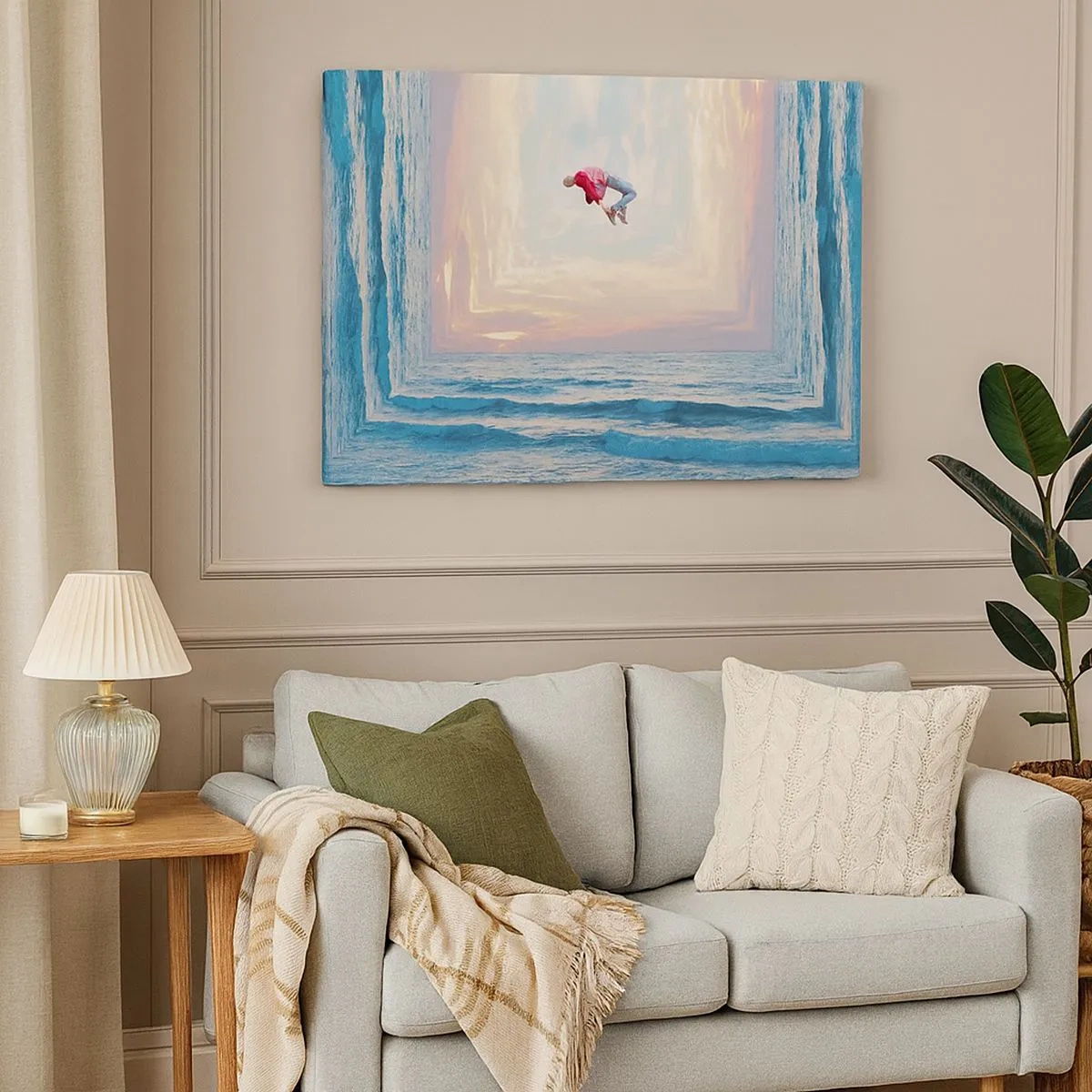 Quadro em tela - Salto surreal sobre o mar no quadro - 70x50cm - Para outra dimensão - Decoração de parede moderna para a sala de estar e quarto ARTTOR