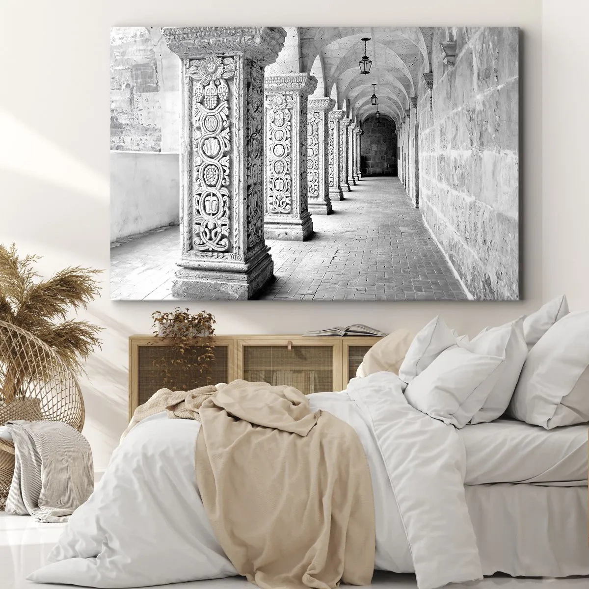 Quadro em tela - Colunas históricas em uma foto monocromática - 70x50cm - E para onde...? - Decoração de parede moderna para a sala de estar e quarto ARTTOR