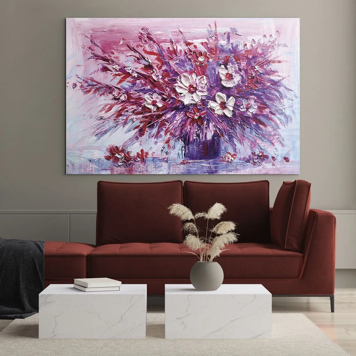 Quadro em vidro - Um buquê de flores em tons de rosa e roxo - 70x50cm - Inocência e paixão  - Decoração de parede moderna para a sala de estar e quarto ARTTOR