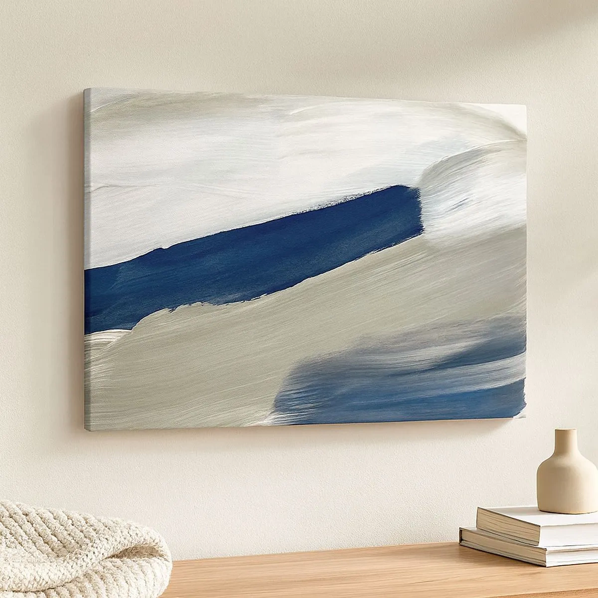 Quadro em tela - Pinceladas abstratas em tons de azul e cinza - 70x50cm - Encontro com a brancura - Decoração de parede moderna para a sala de estar e quarto ARTTOR