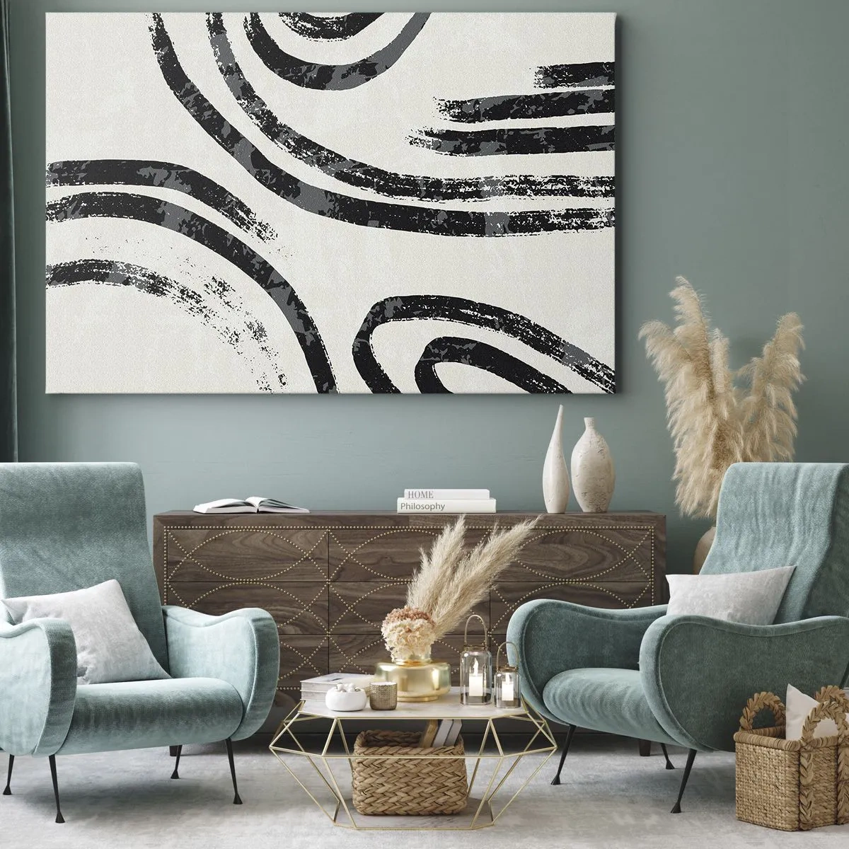 Quadro em tela - Linhas abstratas em preto e branco sobre um fundo claro - 70x50cm - Meio parado - Decoração de parede moderna para a sala de estar e quarto ARTTOR