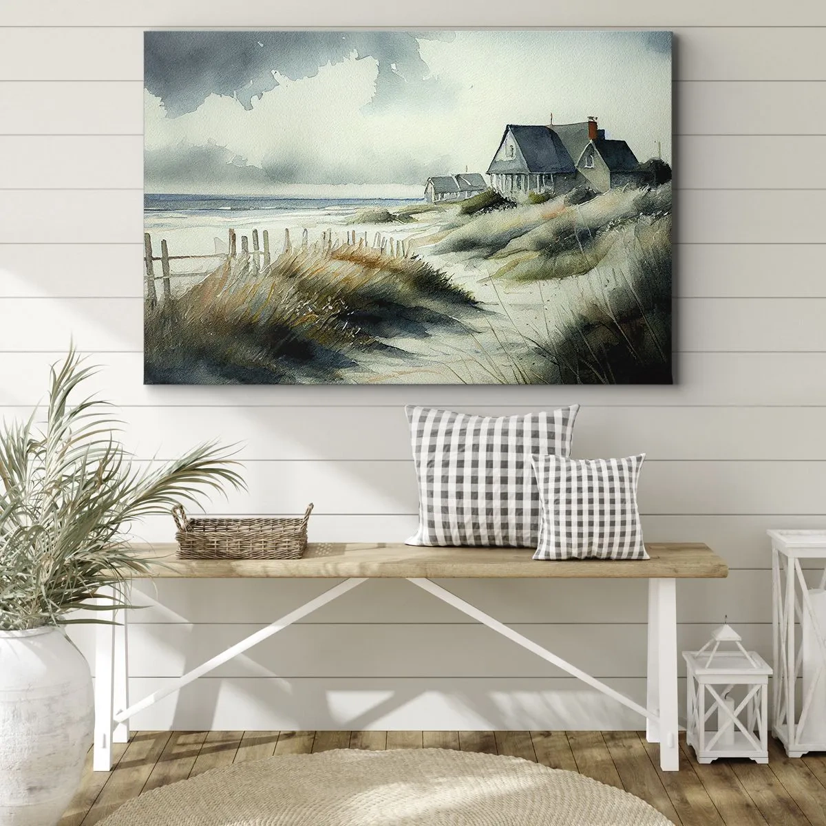 Quadro em tela - Uma casa à beira-mar cercada por grama e com vista para o mar - 70x50cm - Longe da agitação - Decoração de parede moderna para a sala de estar e quarto ARTTOR