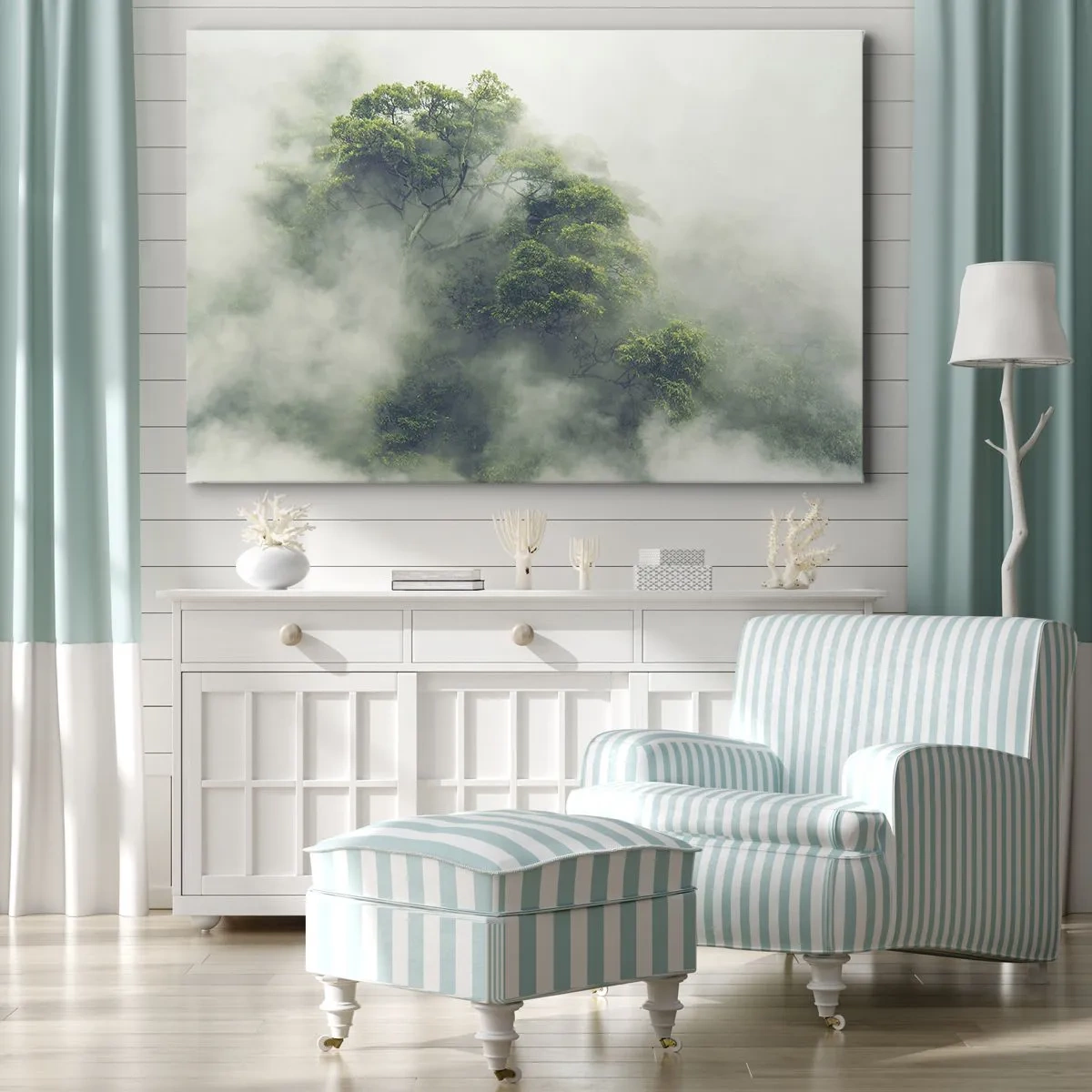 Quadro em tela - Árvores verdes em meio a uma névoa espessa contra um fundo natural - 70x50cm - Envolto em neblina - Decoração de parede moderna para a sala de estar e quarto ARTTOR