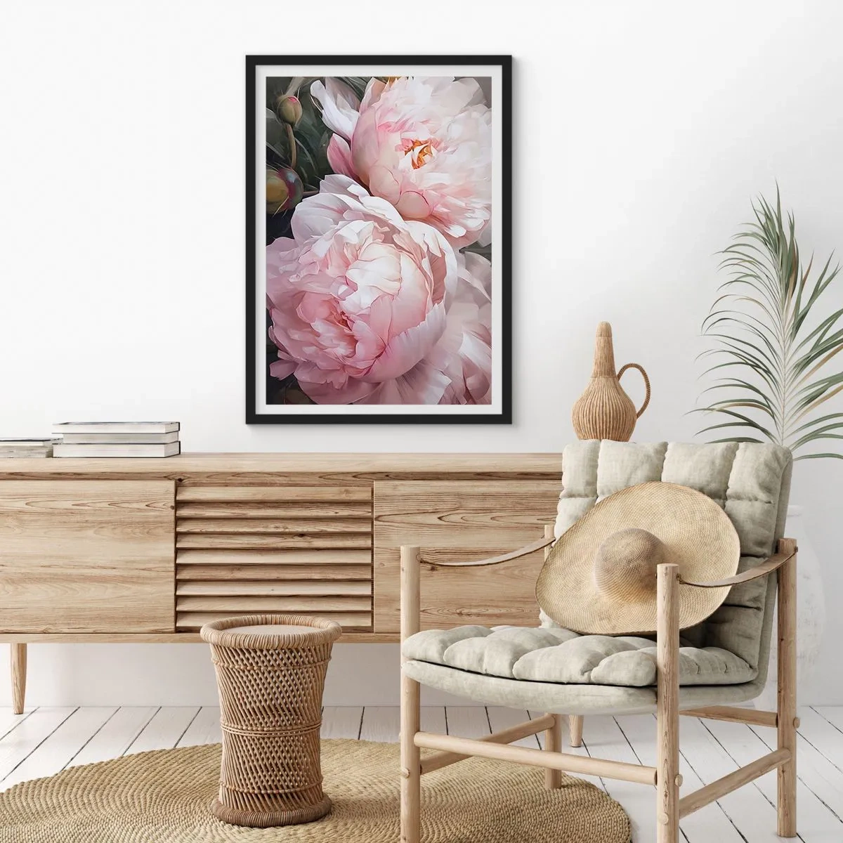 Pôster com moldura preta - Peônias delicadas em tons pastéis de rosa e branco - 50x70cm - Parou no florescer - Decoração de parede moderna para a sala de estar e quarto ARTTOR