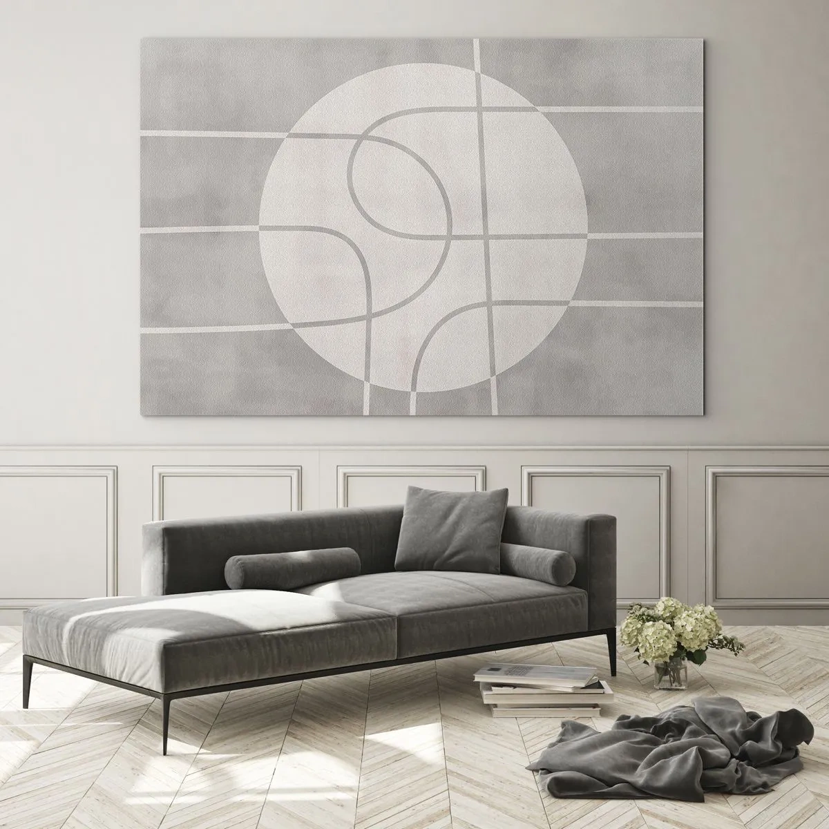 Quadro em vidro - Linhas e círculos bege criando uma composição geométrica - 70x50cm - Circular e direto - Decoração de parede moderna para a sala de estar e quarto ARTTOR