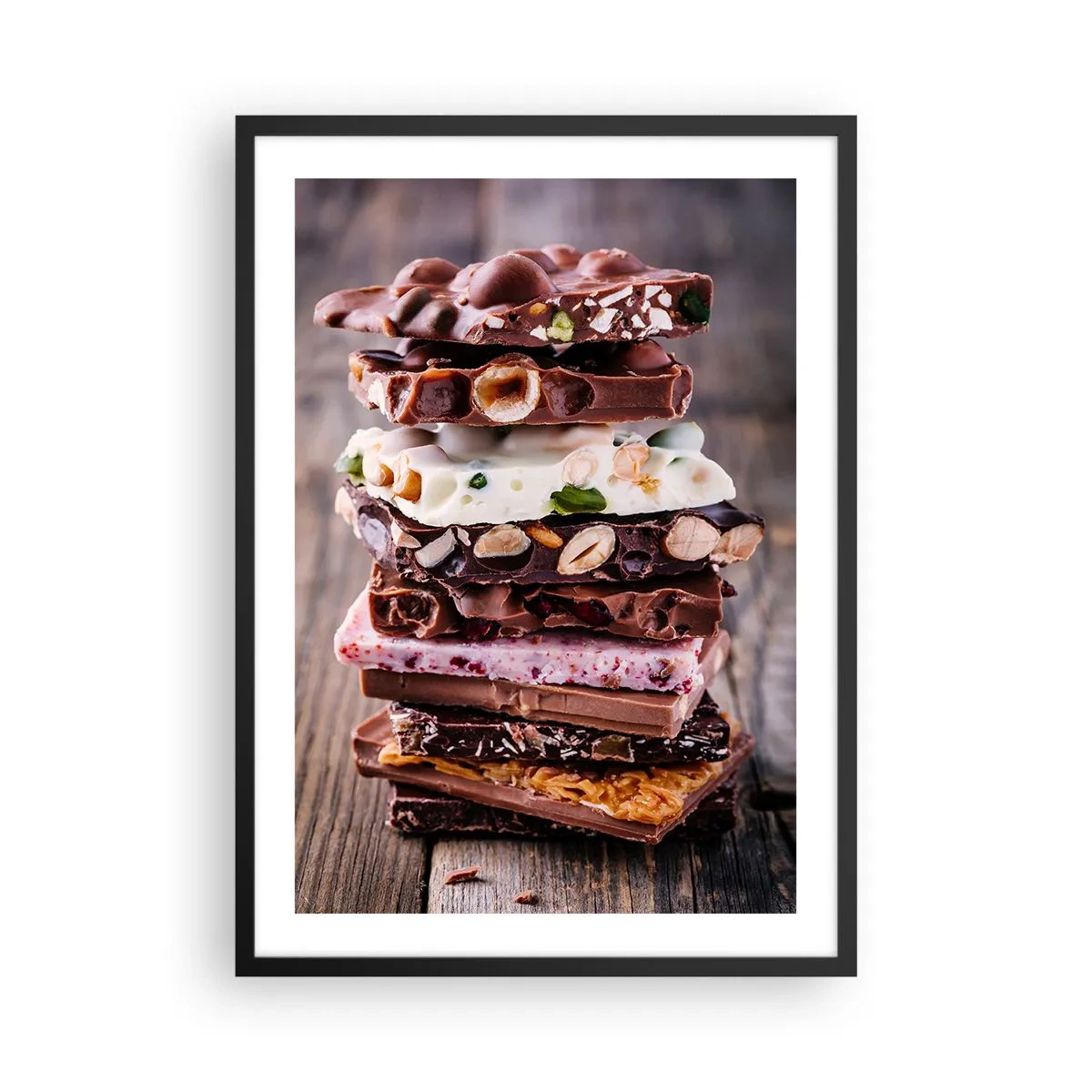Pôster com moldura preta - Uma pilha de barras de chocolate com nozes e frutas - 50x70cm - Uma perspetiva encantadora - Decoração de parede moderna para a sala de estar e quarto ARTTOR