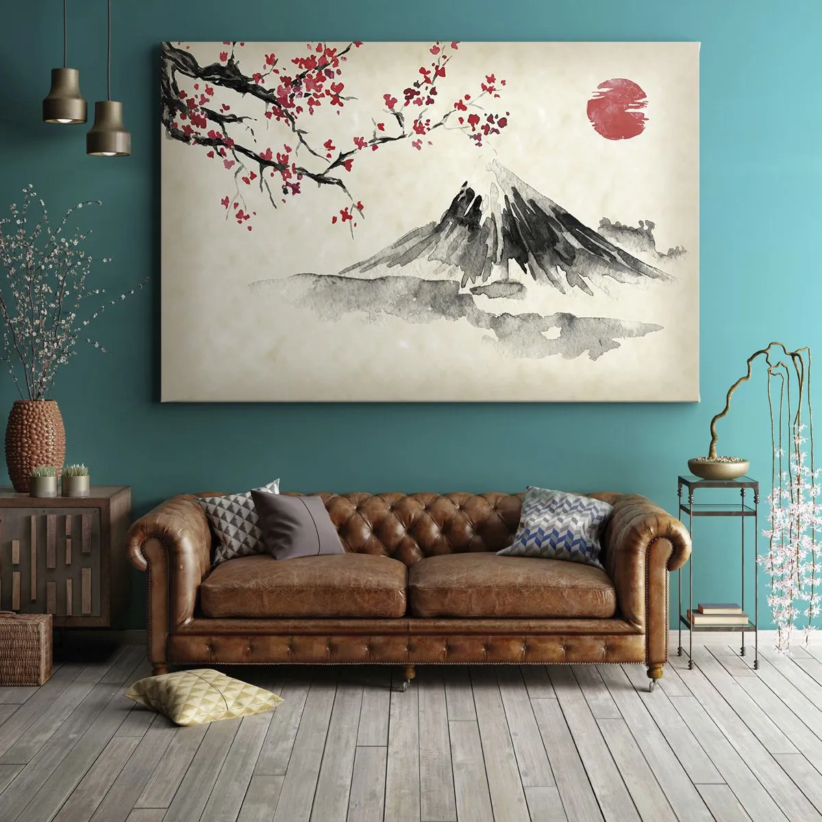 Quadro em tela - Uma paisagem pitoresca com uma montanha, flores de cerejeira e sol - 70x50cm - Ame o Japão - Decoração de parede moderna para a sala de estar e quarto ARTTOR
