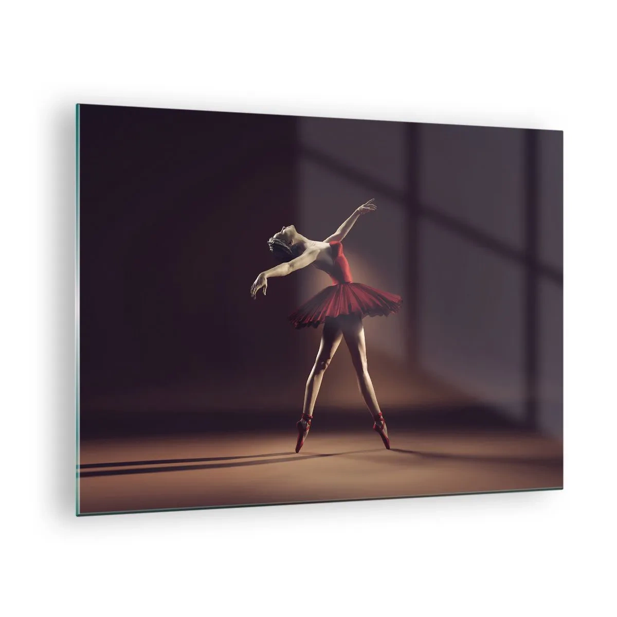 Quadro em vidro - Uma bailarina de vestido vermelho em pose dinâmica - 70x50cm - Prima ballerina - Decoração de parede moderna para a sala de estar e quarto ARTTOR