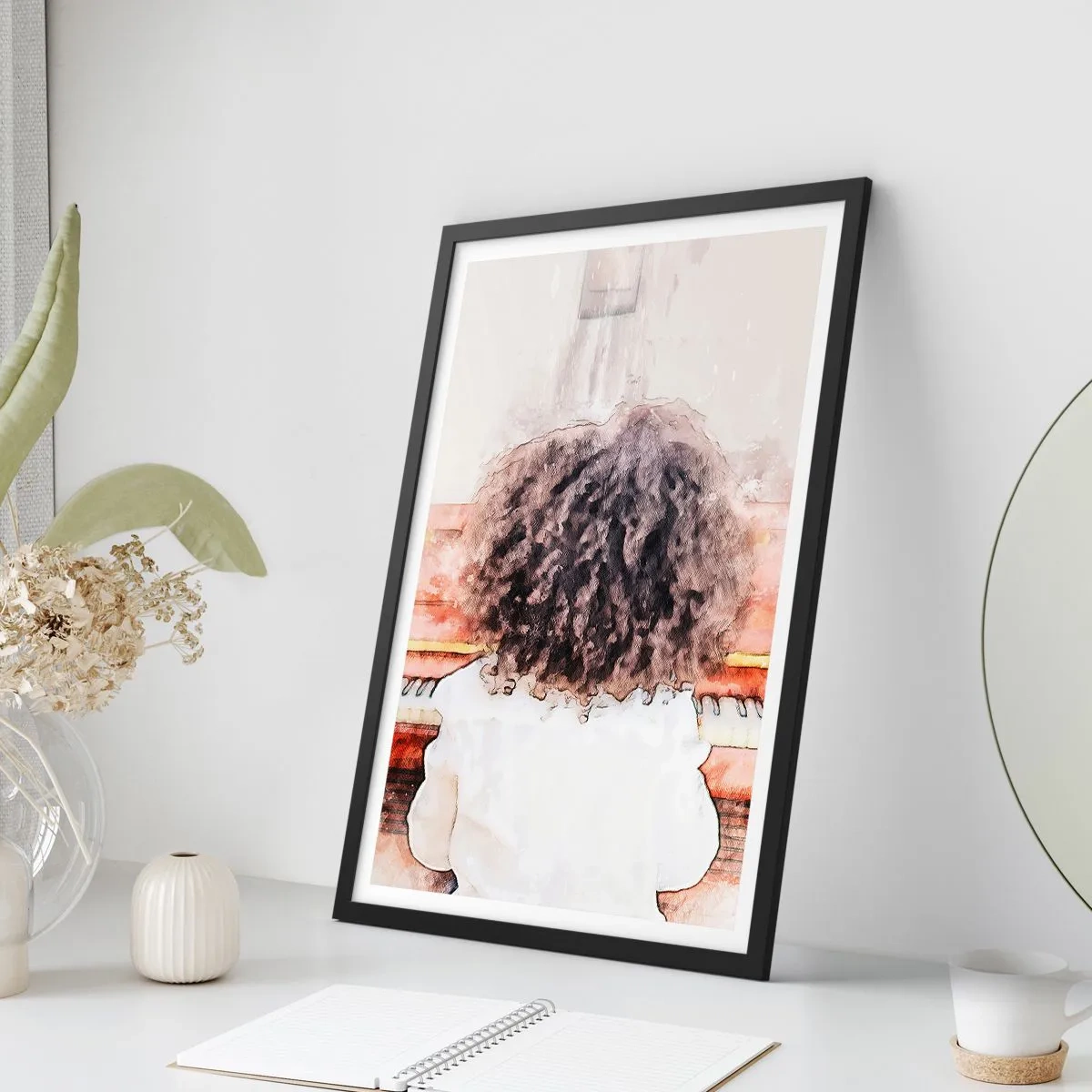 Pôster com moldura preta - Uma criança com cachos exuberantes tocando piano em estilo aquarela - 50x70cm - Num mundo novo - Decoração de parede moderna para a sala de estar e quarto ARTTOR