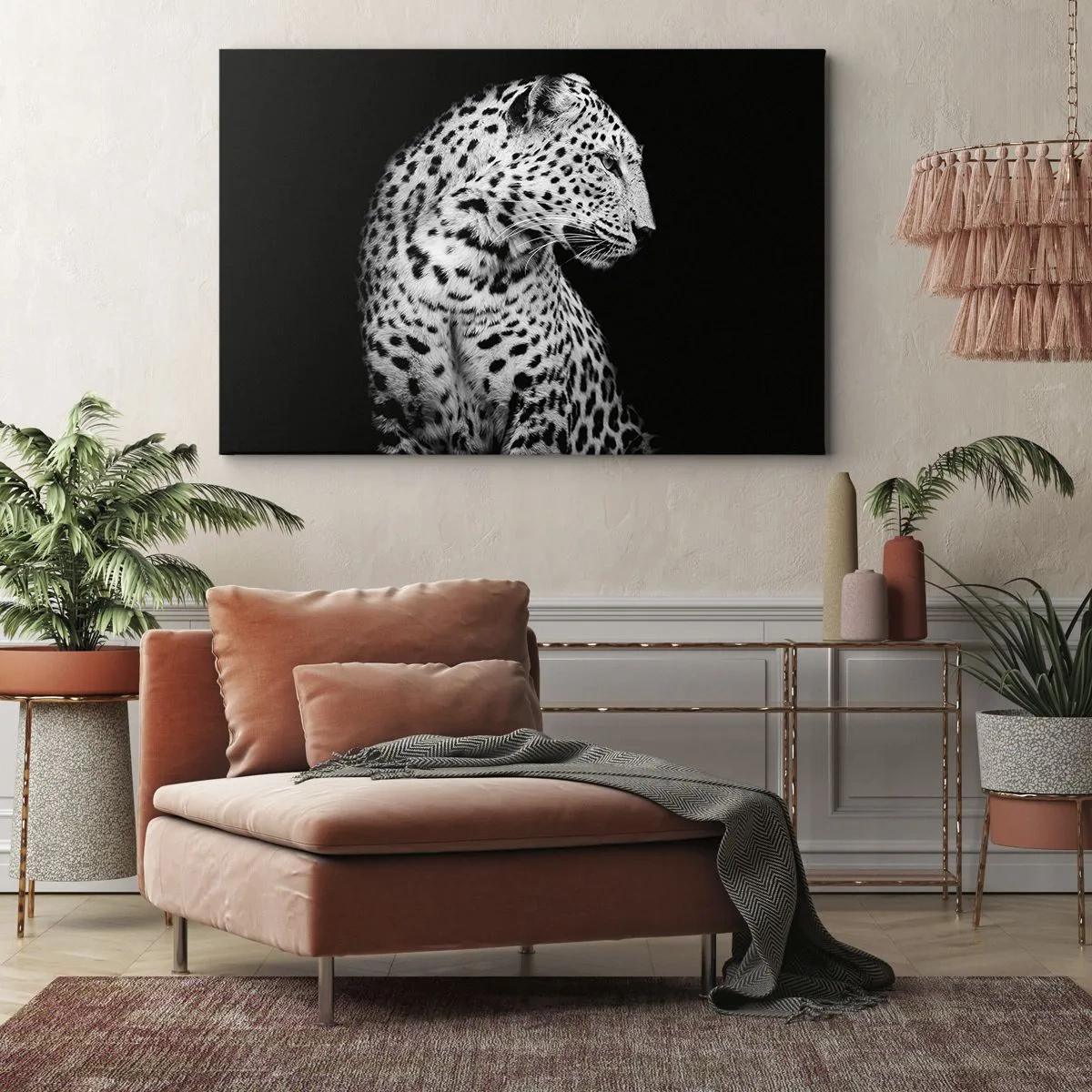 Quadro em tela - Imagem em preto e branco de um leopardo em um fundo preto - 70x50cm - Perfil direito perfeito! - Decoração de parede moderna para a sala de estar e quarto ARTTOR