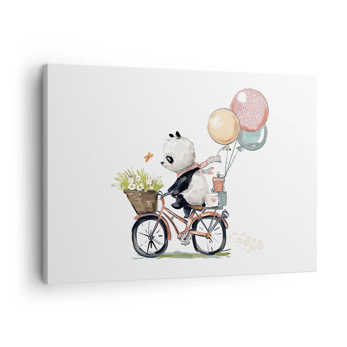 Quadro em tela - Panda em uma bicicleta com balões e flores - 70x50cm - Dia feliz  - Decoração de parede moderna para a sala de estar e quarto ARTTOR