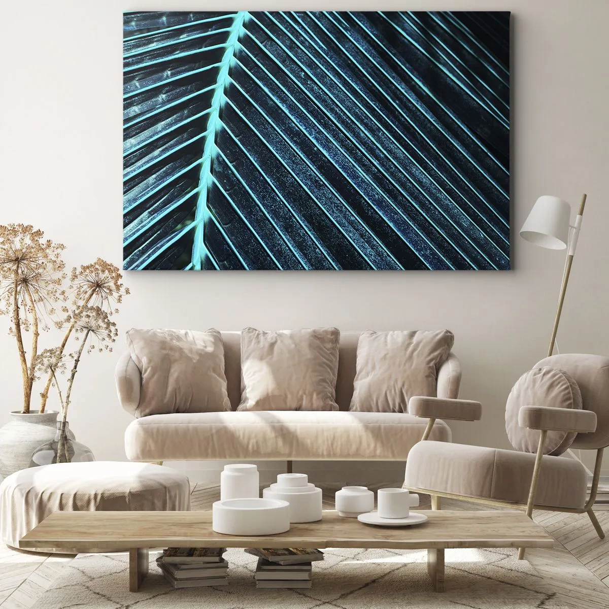 Quadro em tela - Macrofotografia de uma folha em tons de turquesa e azul marinho - 70x50cm - Textura verde - Decoração de parede moderna para a sala de estar e quarto ARTTOR