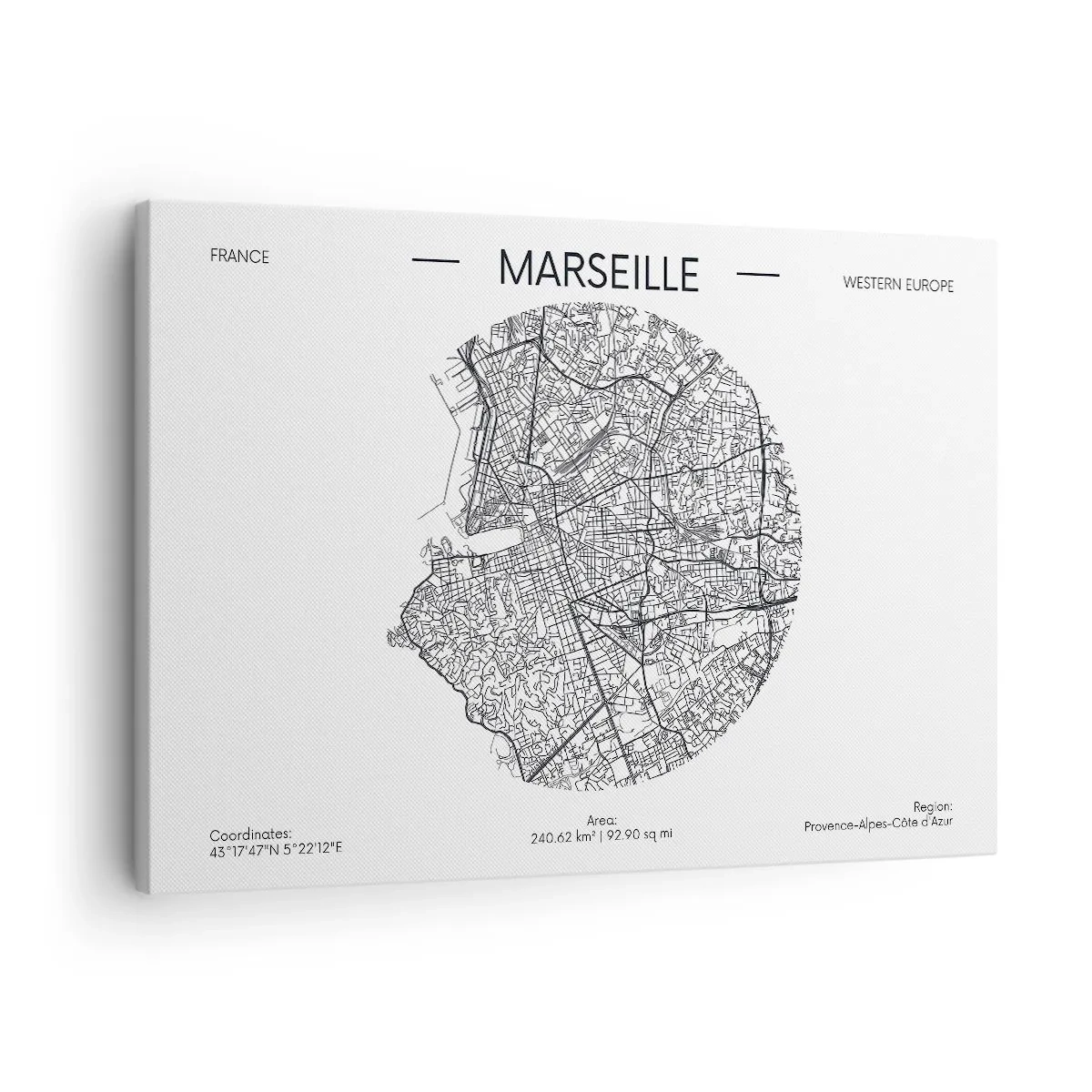 Quadro em tela - Mapa de Marselha em estilo minimalista - 70x50cm - Anatomia de Marselha - Decoração de parede moderna para a sala de estar e quarto ARTTOR