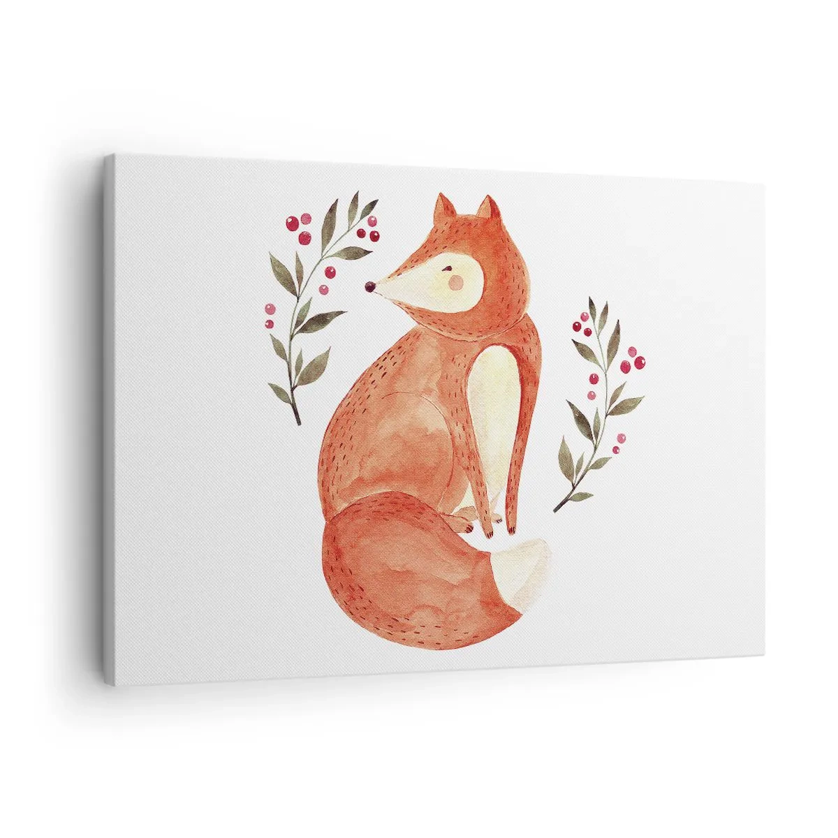 Quadro em tela - Uma raposa em aquarela cercada por galhos com frutas - 70x50cm - Pequeno ruivo - Decoração de parede moderna para a sala de estar e quarto ARTTOR