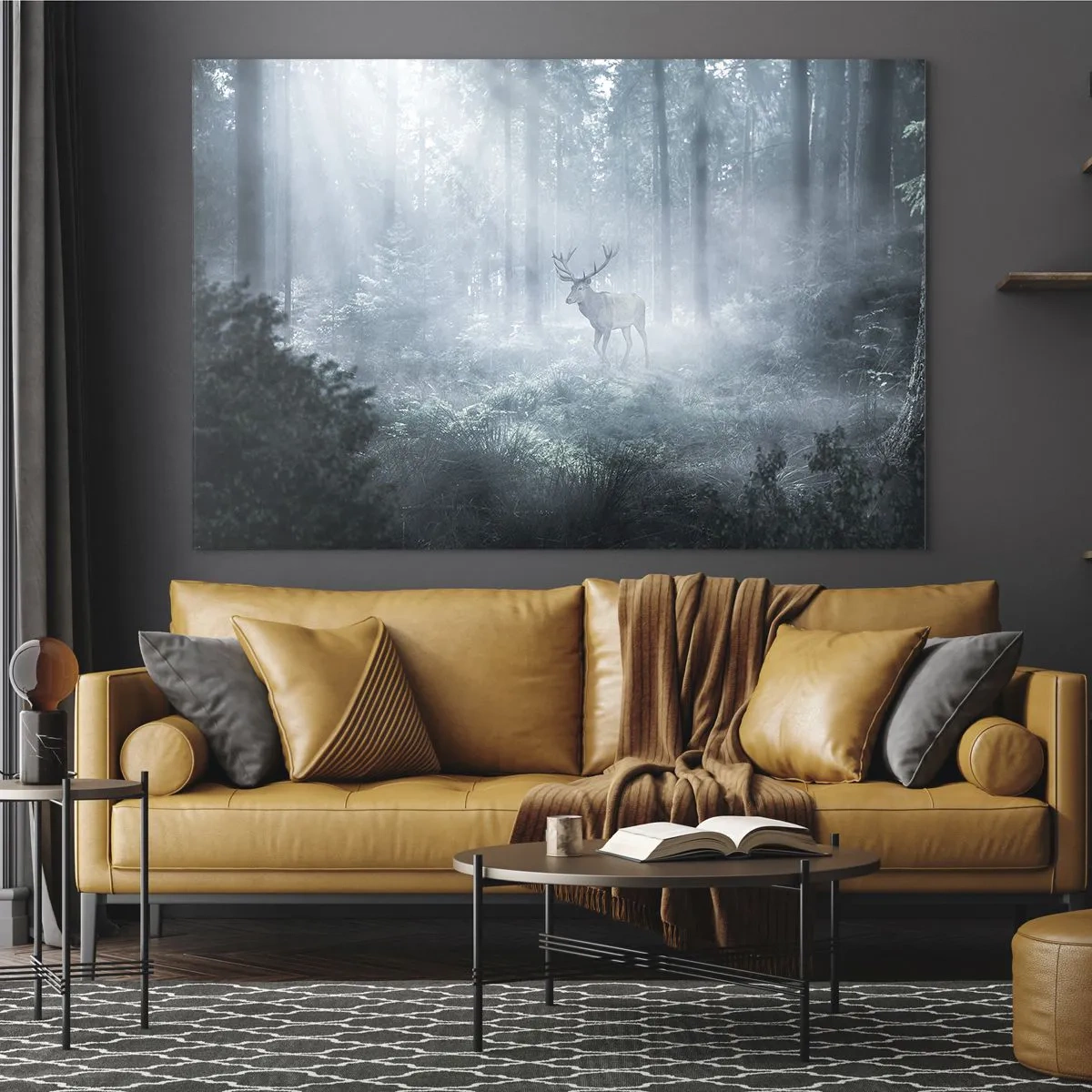 Quadro em vidro - Um cervo em uma floresta enevoada iluminada pelos raios do sol da manhã - 70x50cm - Passeio matinal à volta da propriedade - Decoração de parede moderna para a sala de estar e quarto ARTTOR