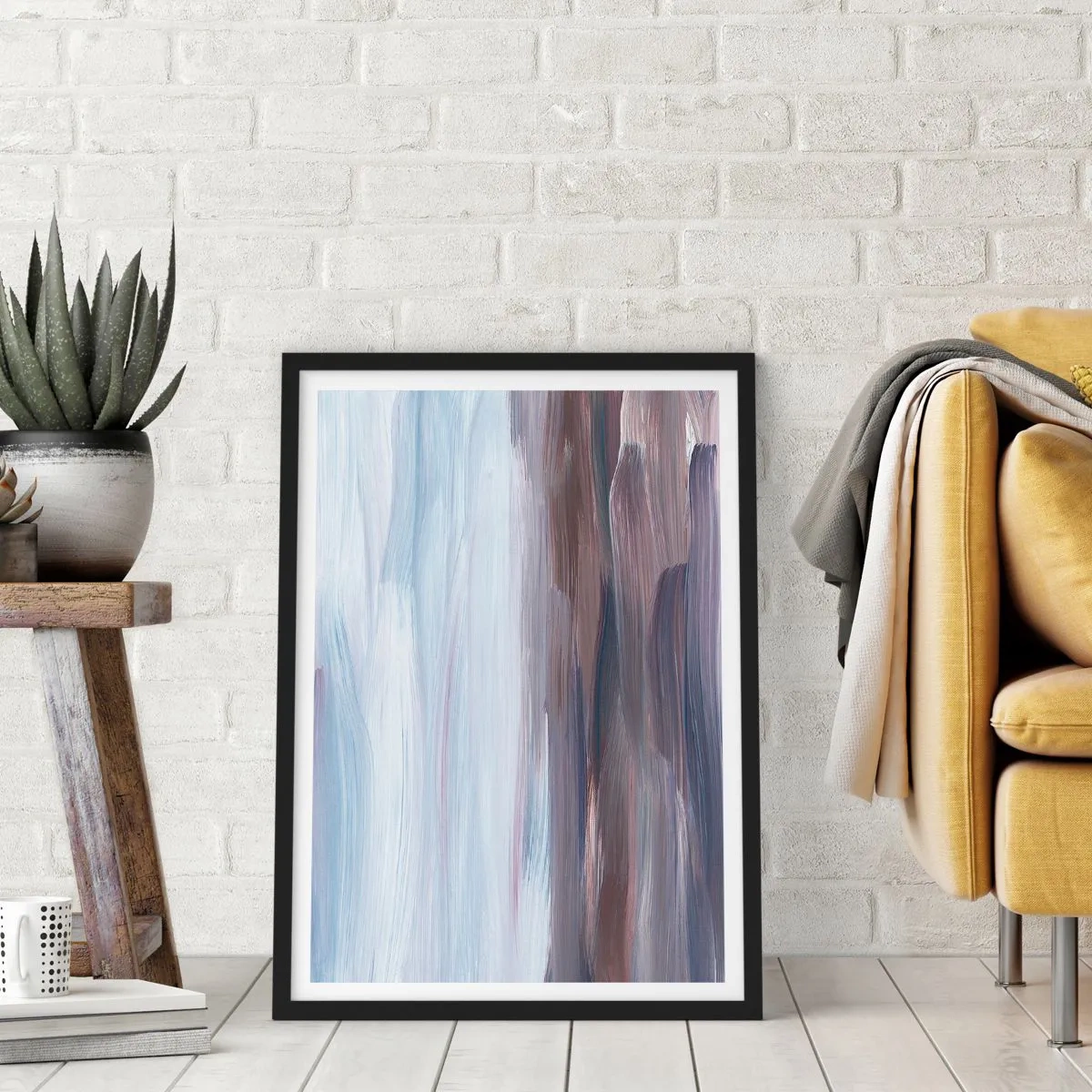 Pôster com moldura preta - Pinceladas abstratas em tons de azul e marrom - 50x70cm - Elementos: água - Decoração de parede moderna para a sala de estar e quarto ARTTOR