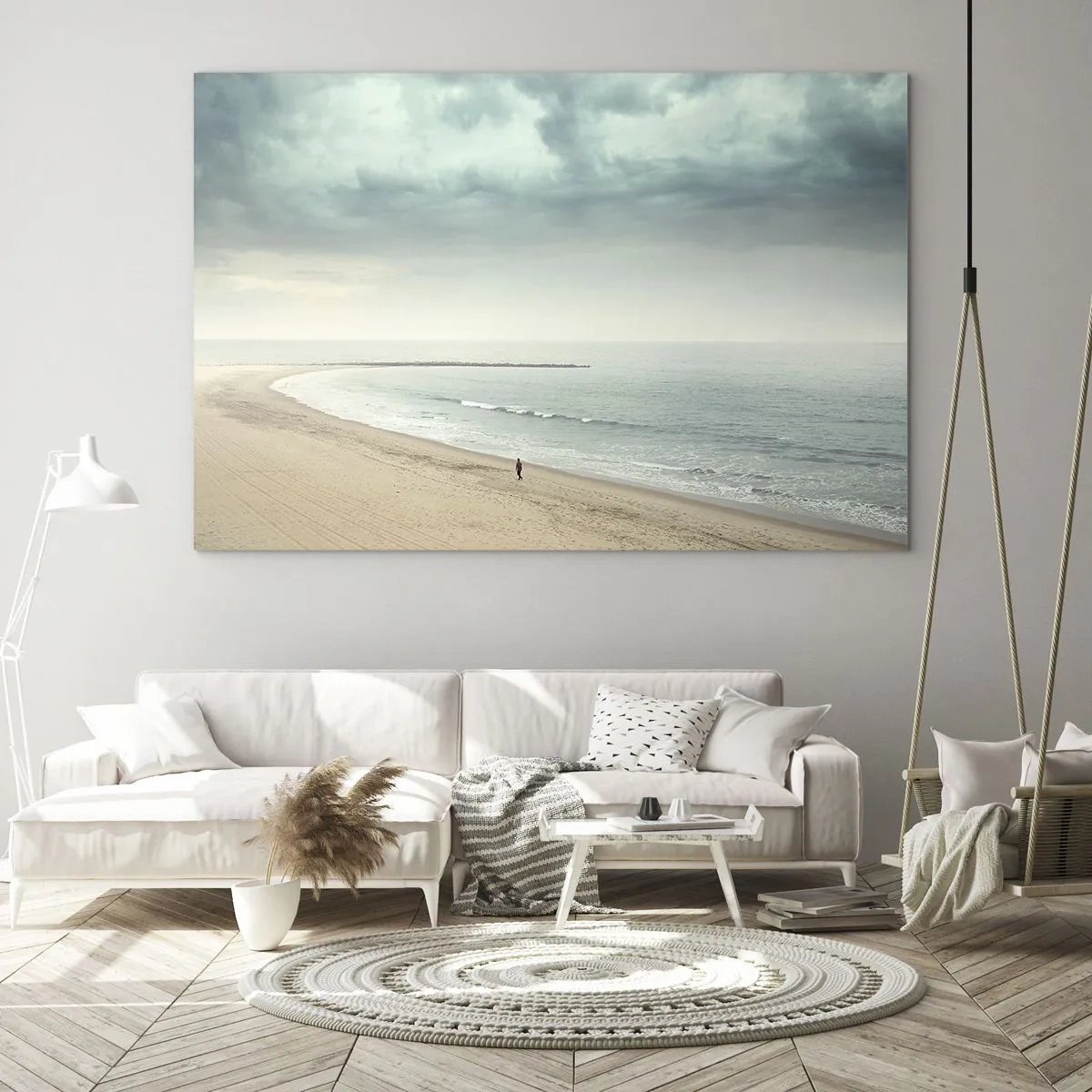 Quadro em vidro - Uma figura passeando em uma praia vazia perto de um mar calmo - 70x50cm - Em busca da paz - Decoração de parede moderna para a sala de estar e quarto ARTTOR