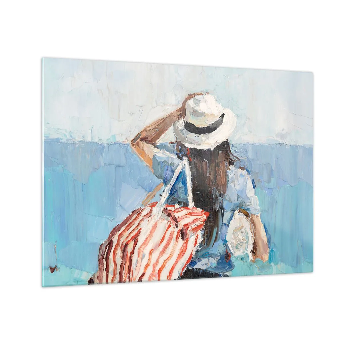 Quadro em vidro - Uma mulher com uma bolsa listrada olhando para o mar em um dia ensolarado. - 70x50cm - Bem-vindo às suas férias - Decoração de parede moderna para a sala de estar e quarto ARTTOR