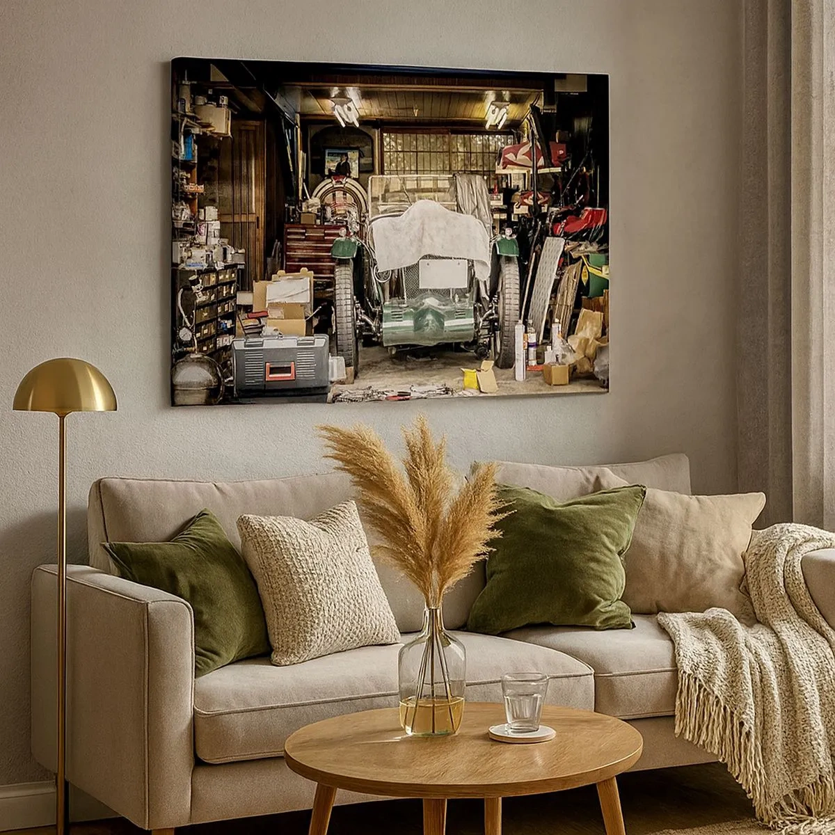 Quadro em tela - Um carro velho em uma garagem cercado por ferramentas e equipamentos - 70x50cm - De volta ao passado - Decoração de parede moderna para a sala de estar e quarto ARTTOR