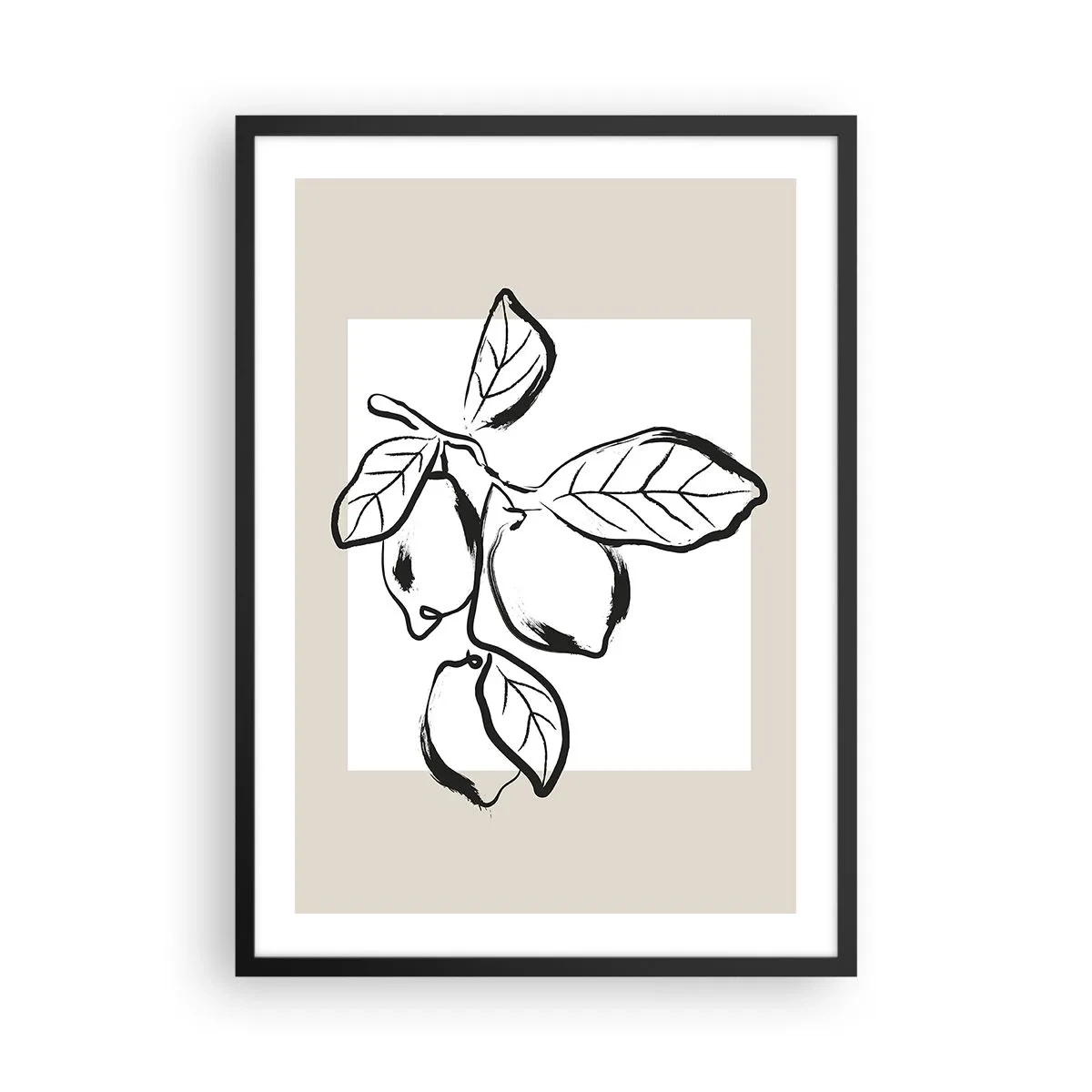 Pôster com moldura preta - Uma ilustração minimalista de um ramo de limão em estilo preto e branco. - 50x70cm - Onde o limão amadurece… - Decoração de parede moderna para a sala de estar e quarto ARTTOR