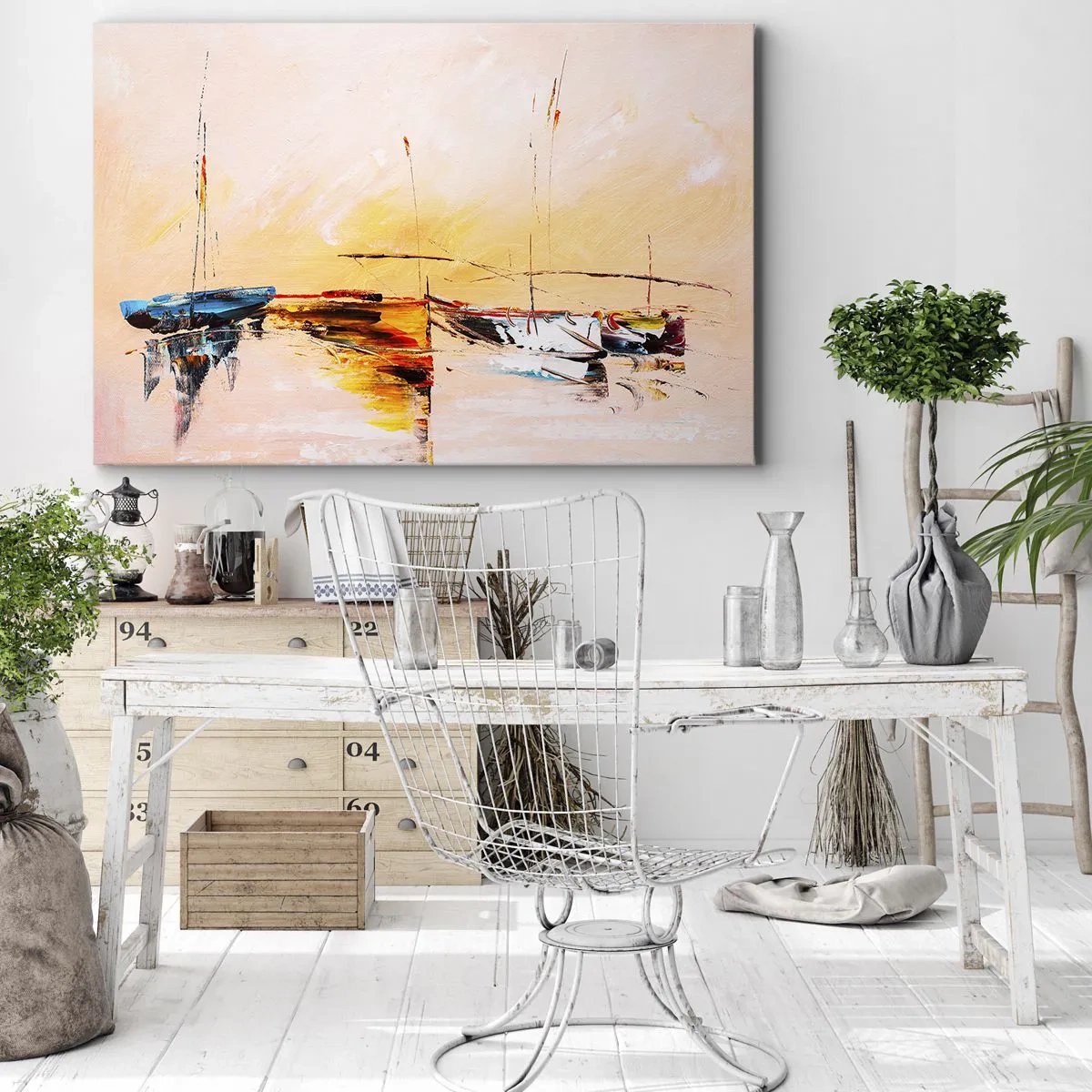 Quadro em tela - Barcos coloridos em águas calmas ao pôr do sol - 70x50cm - Noite na marina - Decoração de parede moderna para a sala de estar e quarto ARTTOR