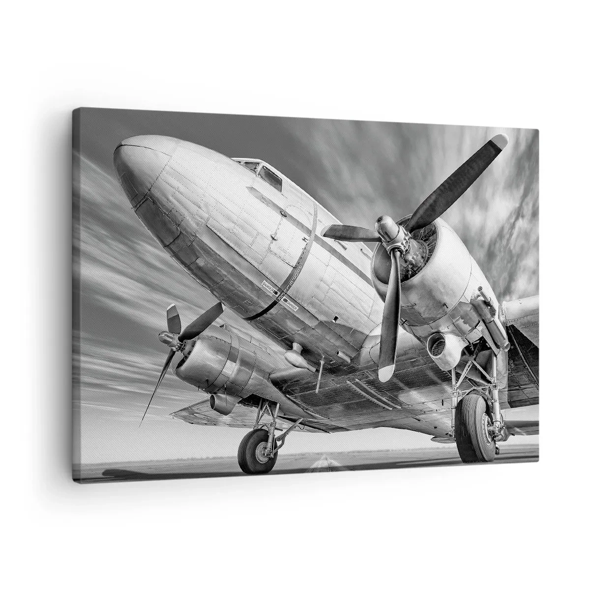 Quadro em tela - Uma imagem em preto e branco de um avião clássico com detalhes estruturais visíveis. - 70x50cm - Sempre pronto a voar - Decoração de parede moderna para a sala de estar e quarto ARTTOR