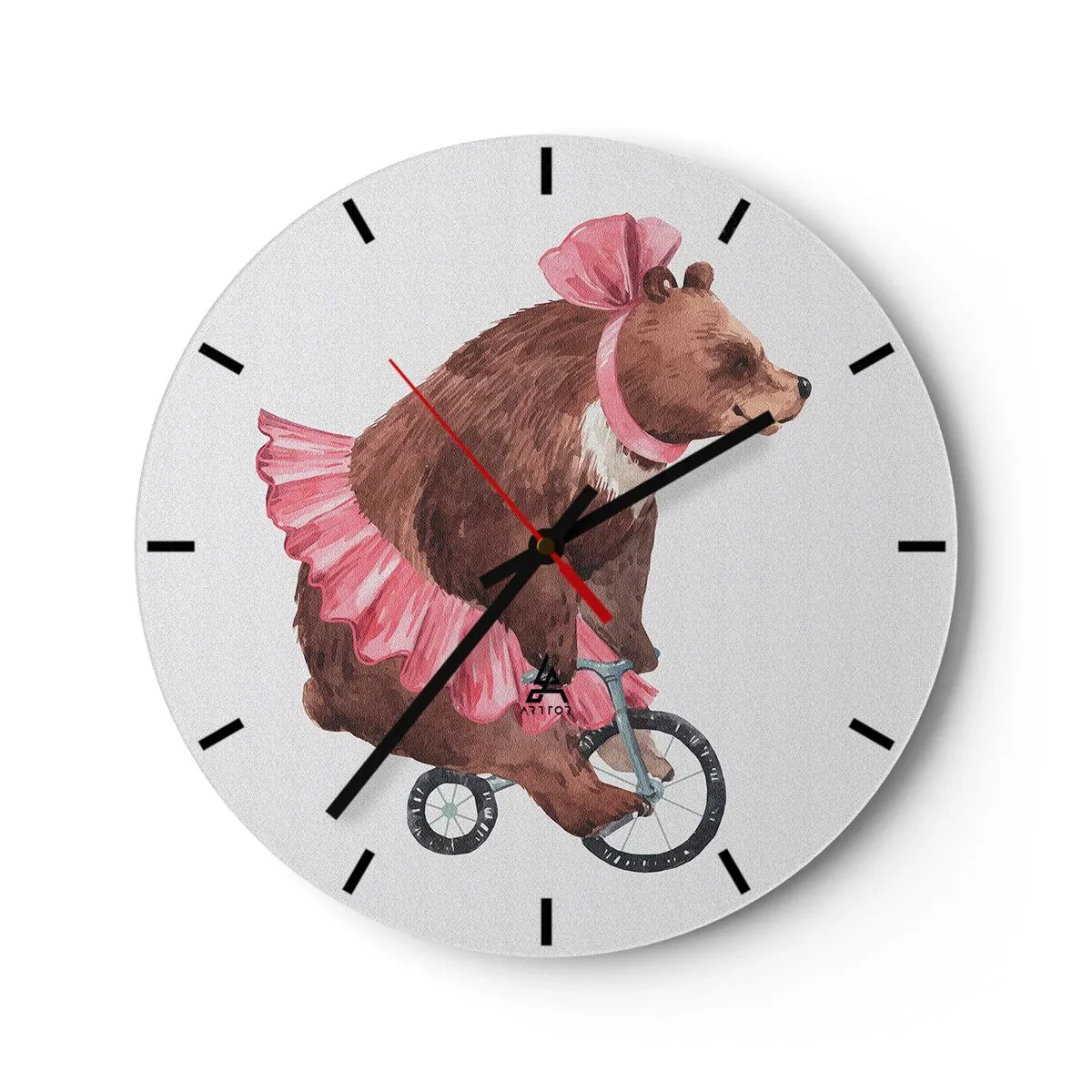 Relógio de parede - Relógio em vidro - Um urso de saia rosa andando de monociclo - 30x30cm - Que circo! - Decoração de parede moderna para a sala de estar, cozinha e quarto ARTTOR