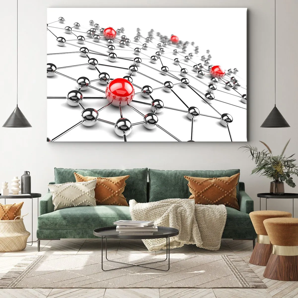 Quadro em tela - Uma rede de bolas metálicas com detalhes em vermelho - 70x50cm - Rede de Prata - Decoração de parede moderna para a sala de estar e quarto ARTTOR