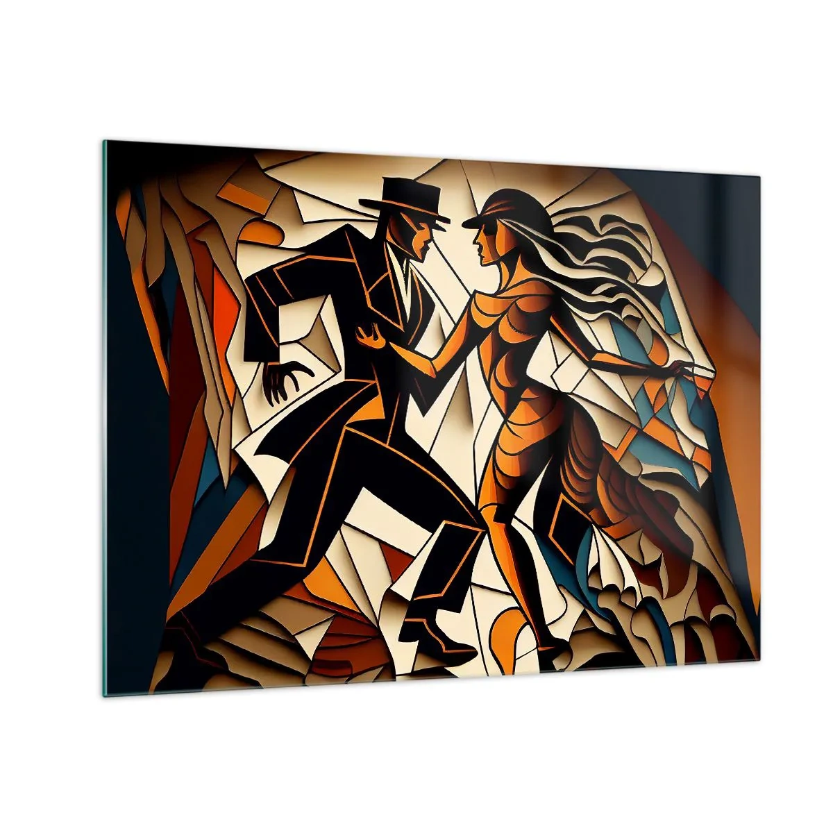 Quadro em vidro - Um casal estilizado dançando em uma forma abstrata dinâmica. - 70x50cm - Dança de paixão e paixão - Decoração de parede moderna para a sala de estar e quarto ARTTOR
