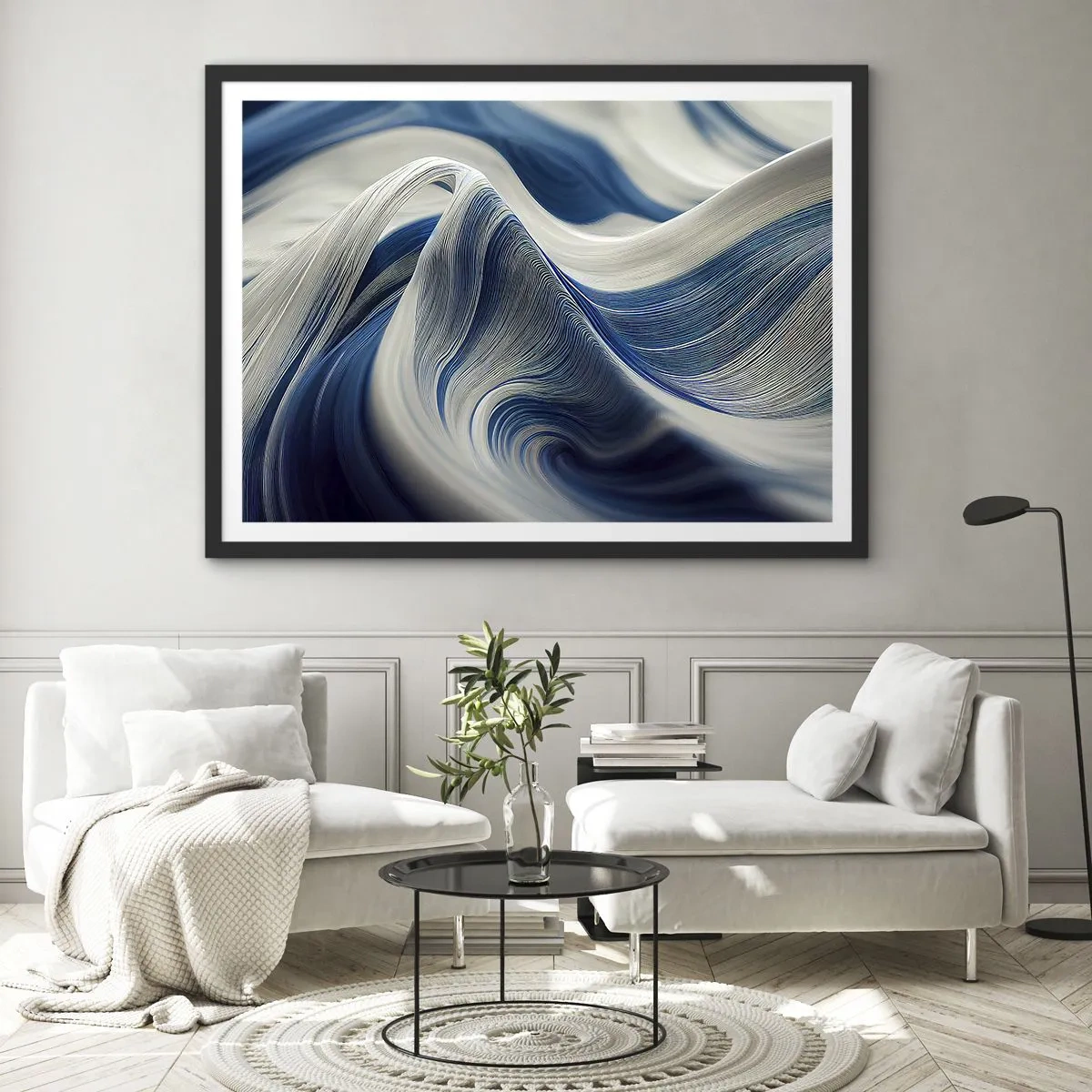 Pôster com moldura preta - A fluidez do azul e do branco - 70x50 cm