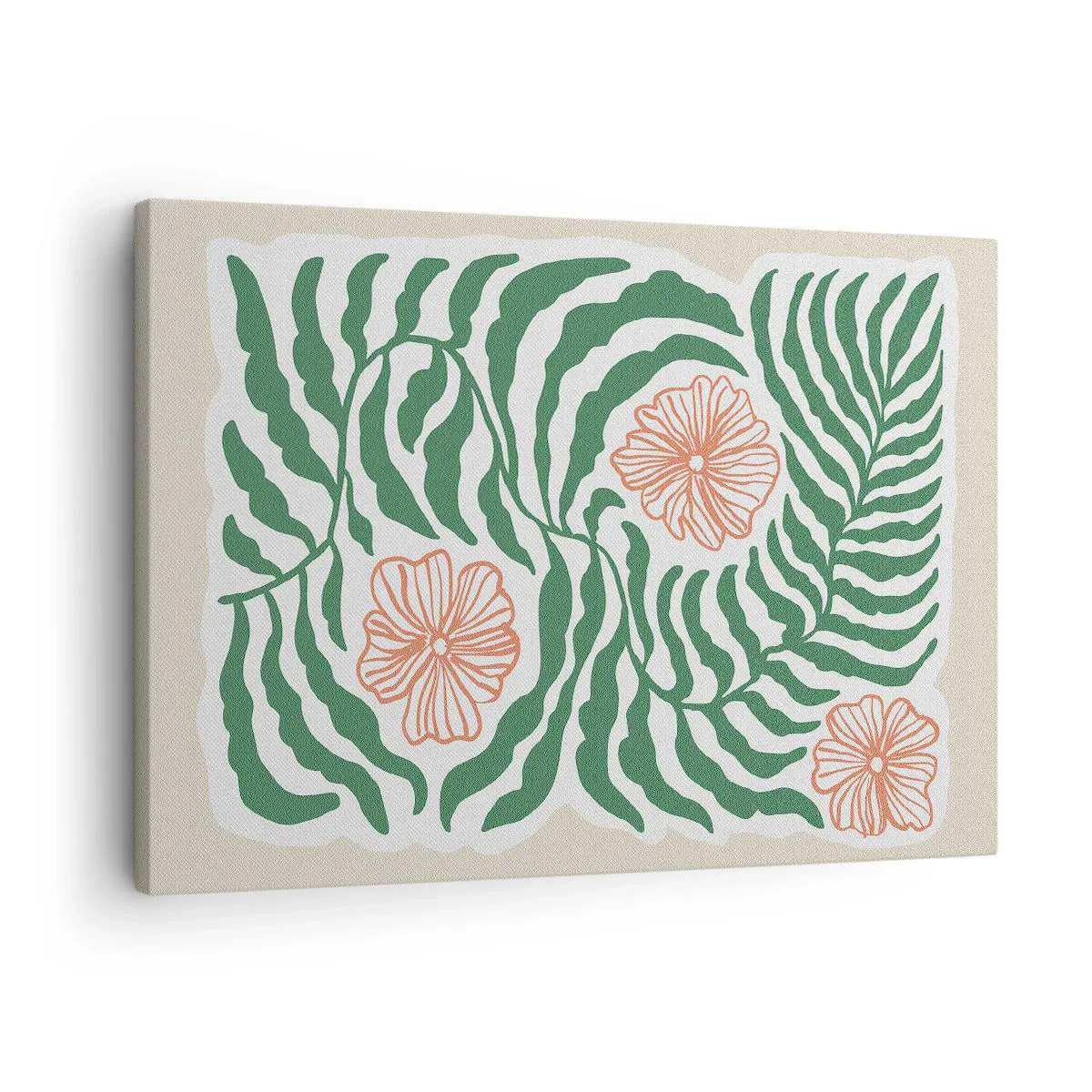 Quadro em tela - Um motivo minimalista de folhas verdes com flores em tons de laranja. - 70x50cm - Florescendo em verde - Decoração de parede moderna para a sala de estar e quarto ARTTOR