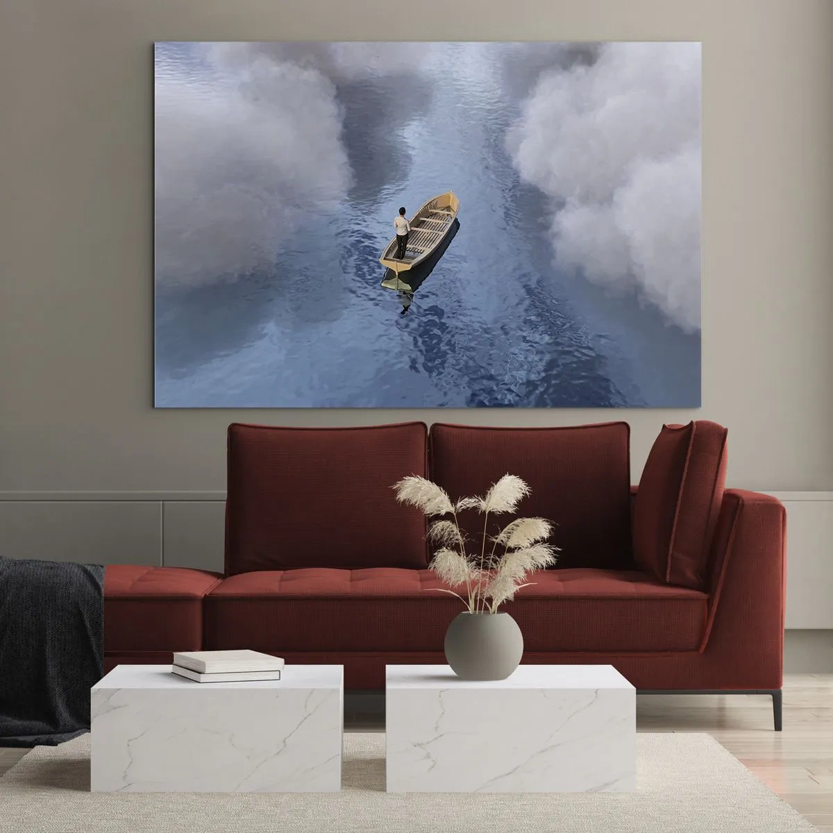 Quadro em vidro - Um homem em um barco navegando pela água entre as nuvens - 70x50cm - Vida – jornada – desconhecido - Decoração de parede moderna para a sala de estar e quarto ARTTOR