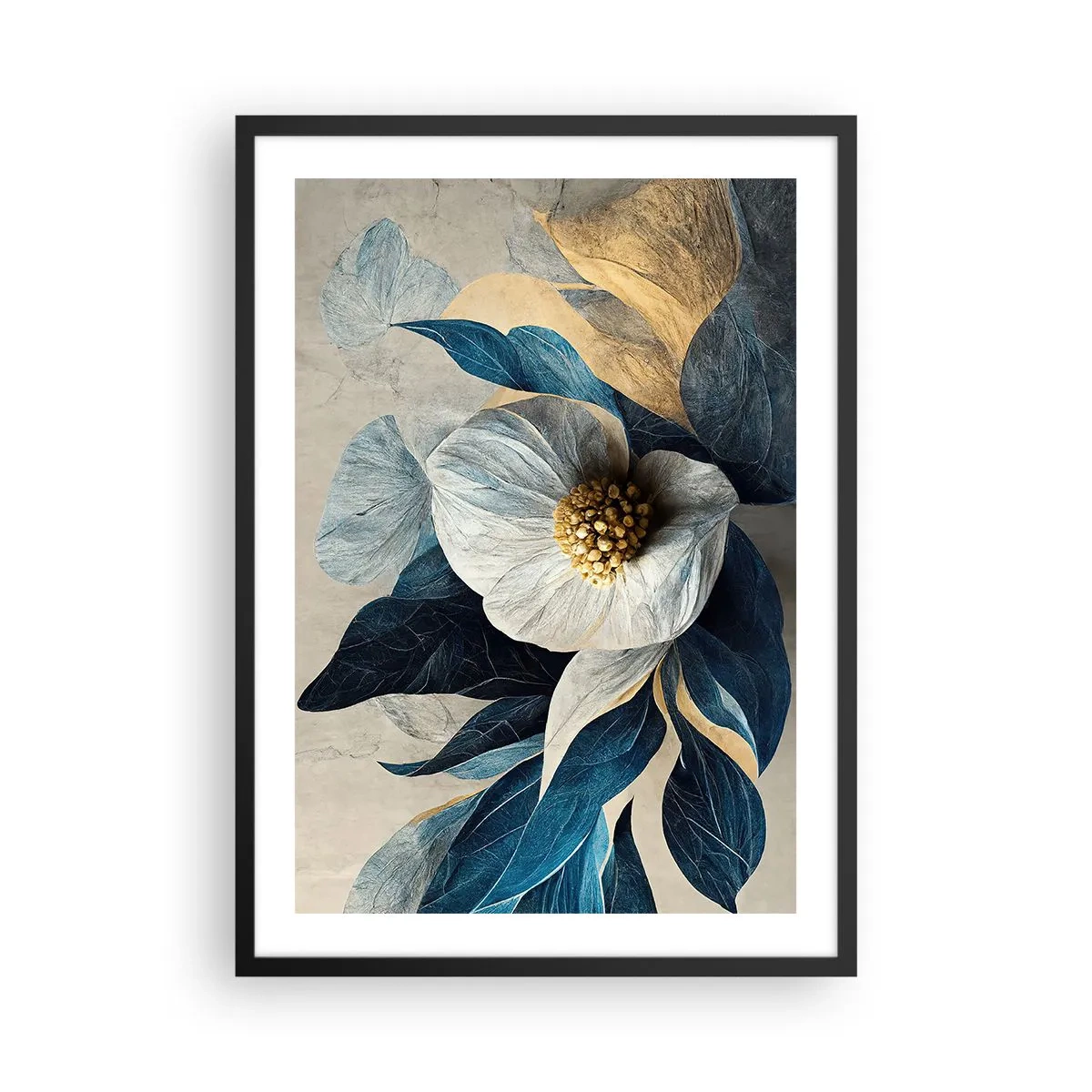 Pôster com moldura preta - Uma flor elegante em tons de azul marinho e dourado - 50x70cm - Tem um coração de ouro - Decoração de parede moderna para a sala de estar e quarto ARTTOR