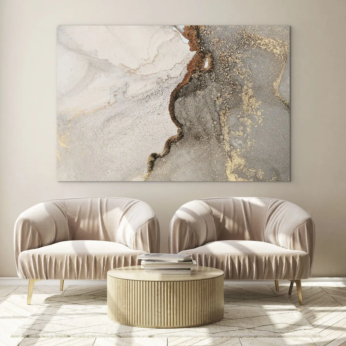 Quadro em vidro - Composição abstrata com bege, dourado e grafite - 70x50cm - No limite das cores - Decoração de parede moderna para a sala de estar e quarto ARTTOR