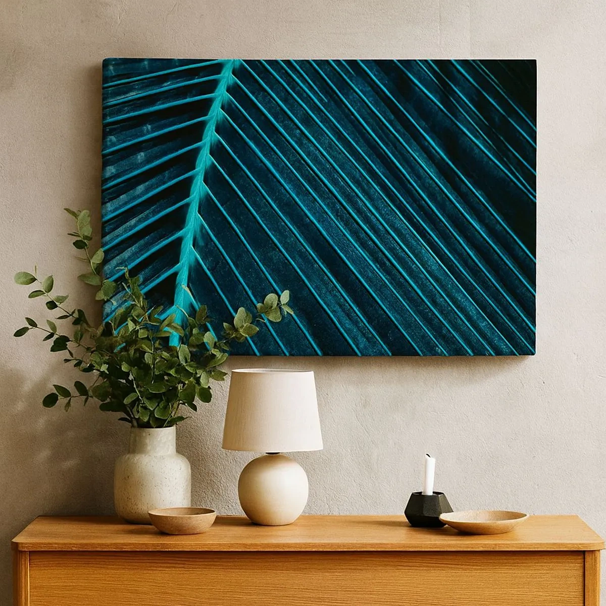 Quadro em tela - Macrofotografia de uma folha em tons de turquesa e azul marinho - 70x50cm - Textura verde - Decoração de parede moderna para a sala de estar e quarto ARTTOR