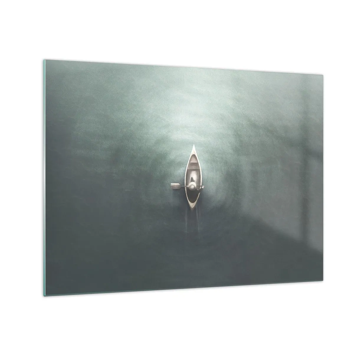 Quadro em vidro - Um barco solitário à deriva em um lago calmo e esverdeado - 70x50cm - Através do lago da lua - Decoração de parede moderna para a sala de estar e quarto ARTTOR